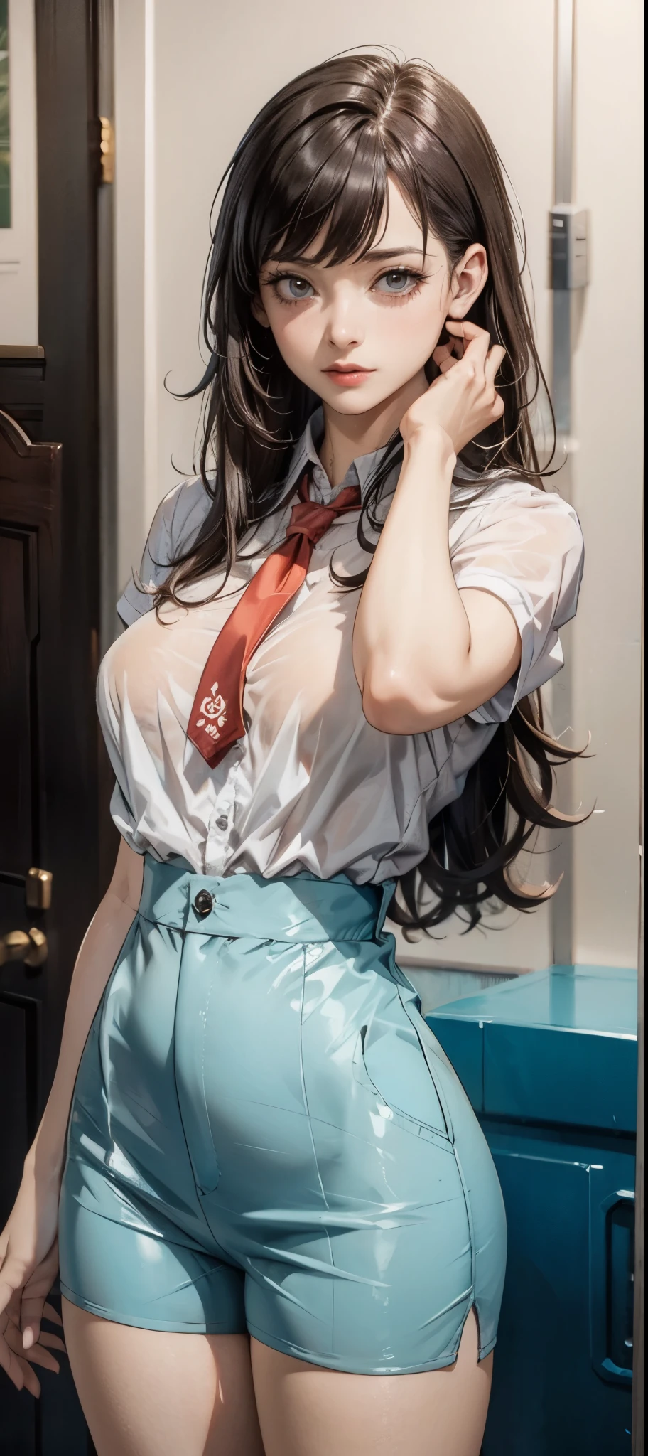girl in summer clothes, white blouse, light blue shorts, pantyhose or long stockings, making like she wants to kiss you, view from viewer, medium breasts, cleavage, random backgroud, flirtatious look, ((very detailed)), (perfectly detailed face), (well detailed hand) photorealistic image.