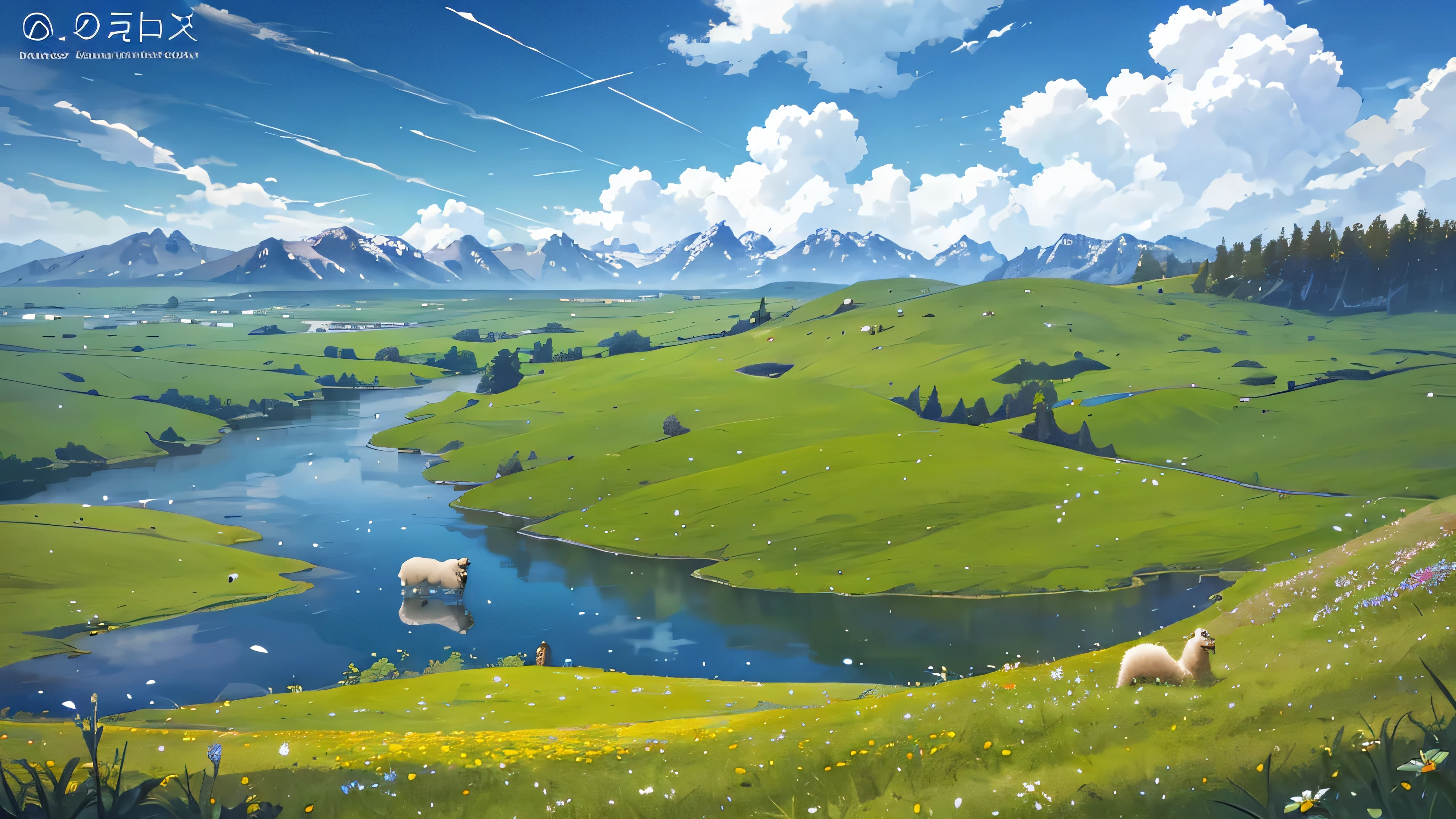 Summer, meadows, few small flowers, clear lakes, sheep, heaven, large clouds, blue sky, hot weather, HD detail, wet watermark, hyper-detail, cinematic, surrealism, soft light, deep field focus bokeh, distant view is snowy mountains, ray tracing, and surrealism. --v6