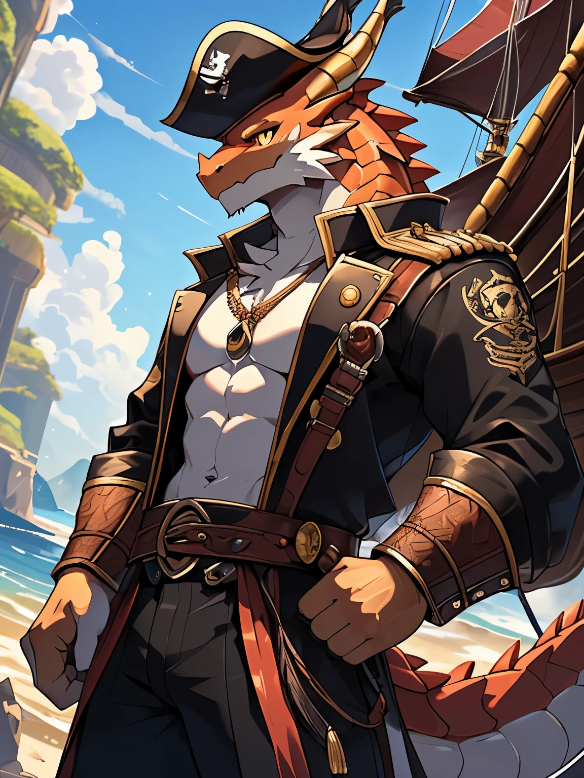 (Furry art, uploaded on e621: 1.4), Dragon, intense golden eyes, black pirate hat with peach feathers, red baron jacket with gold buttons and gold shoulders over a black shirt and a white frill tie, crab-like fangs and shell, masterpiece, best quality, (detail background), background sea, on a pirate ship, (detail body), (perfect pulpils), standing, (masterpiece), (best quality), (ultra-detailed: 1.0), cool pose, (Clear, shiny:0,8), (1boy, solo), (solo_focus), detail scale, natural lighting, (male), anthro, (upscaling ratio: 2.10), detail background, perfect sky, detail scales, topless, black pulpil, detail pulpils, yellow eyes, detail eyes.