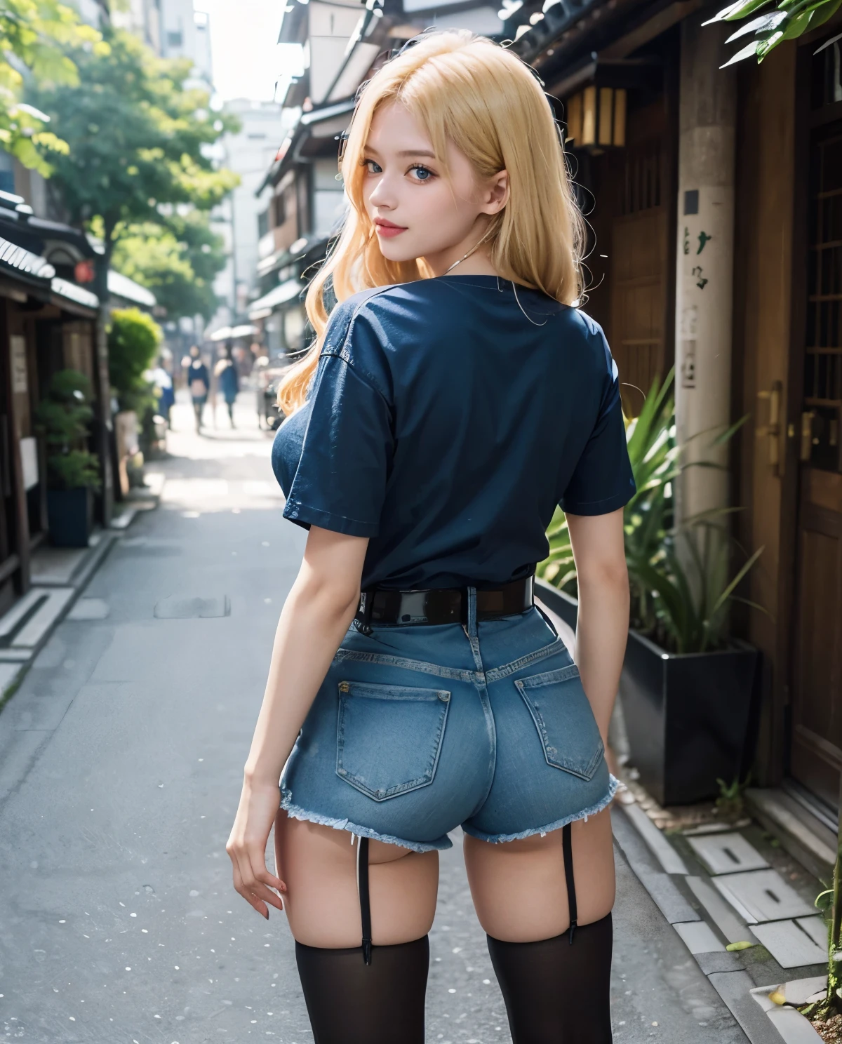 1girl, Blue eyes, (smile), (Sana Minatozaki), (wide hips), Big tits, (big ass), (Best Quality, 8k, Masterpiece: 1.3), perfect hands, Clear Focus: 1.2, Perfect Body Beauty: 1.4, Highly detailed face and skin texture, detailed eyes, double eyelids, (blonde long hair), (black t-shirts), (denim shorts), leather belt, (high stockings :1.2), (high heels :1.3), standing, close-up at ass, looking back, view from behind, in a traditional neighborhood of Japan, Tokyo, deep on field