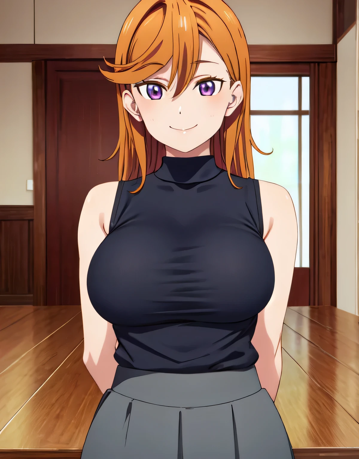 (big breasts:1.5),shiny,hair,((alone)),((masterpiece)),((highest quality)),perfect anatomy,slim waist,perfect image,8k UHD,(beautiful and fine eyes:1.3),highly detailed face,Are standing,(Upper body:1.1),(look ahead:1.1),super detailed,disorganized,High resolution,turn your arms behind your back,Shibuya Kanon,smile,purple eyes,orange hair,sleeveless sweater,Tight Skirt,indoor,closed mouth,