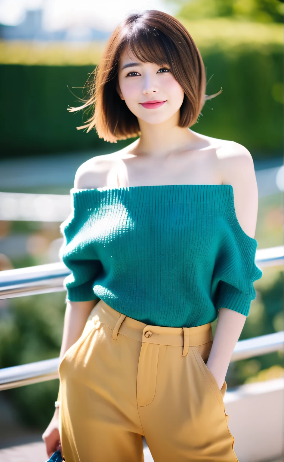 1girl, (looking at viewer),  (bokeh:1.1), closed mouth,light smile, realistic, off shoulder,
pants, skyline,
best quality, (photorealistic:1.4), ultra highres, llfMasami Nagasawa