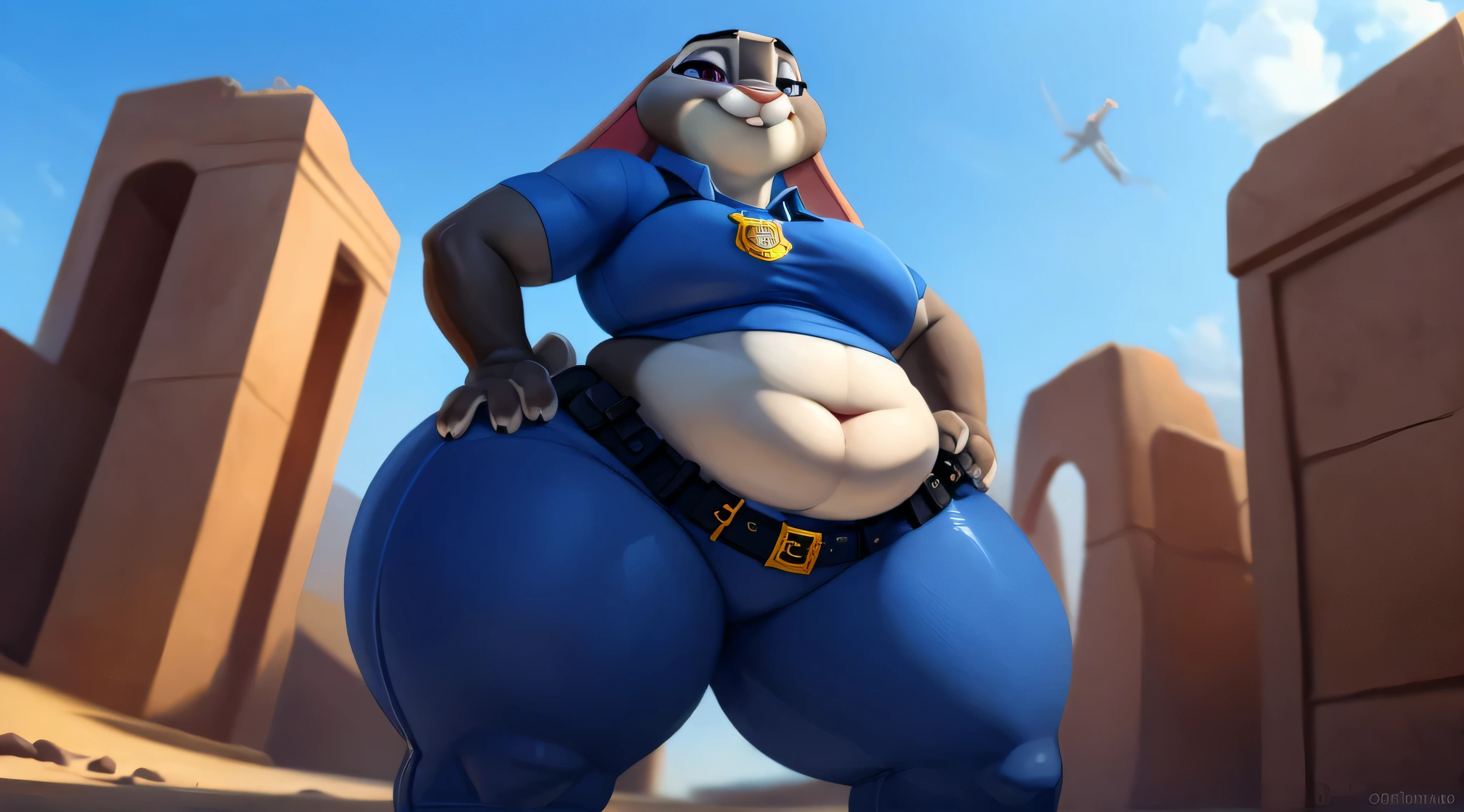 [Judy_Hopps], [zootopia], [carregado para e621.liquid; (Pixelsketcher), (wamudraws), (Siroc)], ((obra de arte)), ((High definition)), ((high resolution)), ((retrato solo)), ((corpo todo)), ((vista frontal)), ((feet visible)), ((peludo; antropo)), ((pele detalhada)), ((sombreamento detalhado)), ((beautiful rendering art)), {antropo rabbit; pelo cinza, nariz preto, (orelhas de coelho multicoloridas), (curvy hips), (lindas pernas), (beautiful feet), (lindos olhos roxos), (sorriso fofo)}, {(uniforme policial), (ZPD Police Badge), (tight blue pants)}, {(standing), (hands on hips), olhando para o espectador)}, Fundo: grande cidade , blue sky, Curvo, muito gordo, quadris largos, enorme, coxas grossas e macias, muito gordo flabby arms, Realistic lighting, alto detalhe, Rosto detalhado, sombreamento realista, rolos de gordura, tamanho enorme, seios gigantescos e enormes transbordando de gordura, decote enorme, pesado, mais tamanho, everything is fat, textura macia, lindos olhos grandes, semi-realista, dynamic angle, pattern clothes, muito gordo, SSBBW, fat arms, very fat, IMMOBILE, 800 pounds of weight, [Giant breasts], More bigger than now, and larger and larger, double chin, fat neck, doughy large belly, plump arms
