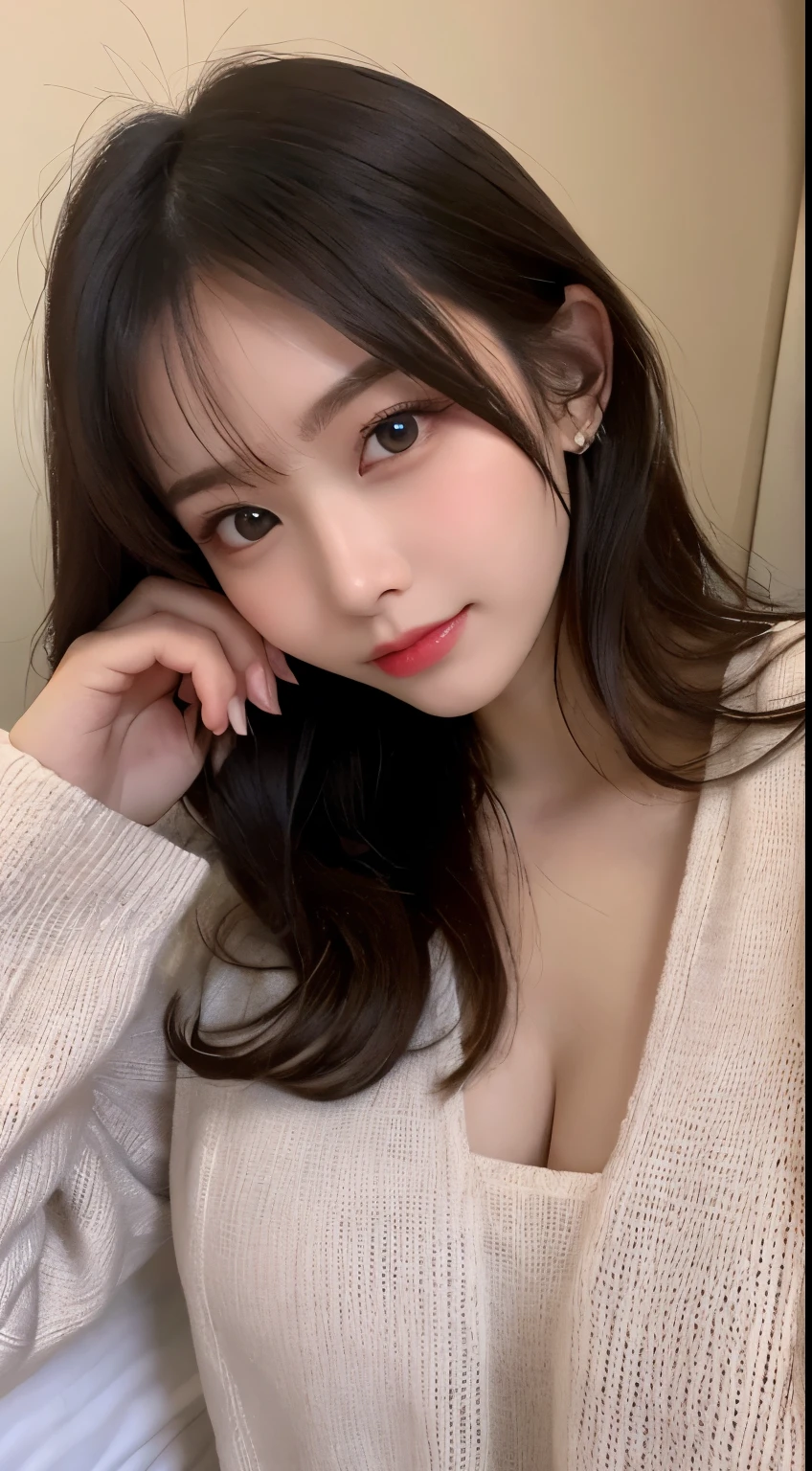 table top, highest quality, shape, Super detailed, finely, High resolution, 8k wallpaper, 完璧なダイナミックな構shape, beautiful and detailed eyes, Tokyo trend knit dress, small breasts, natural color lip,gentle smile,20 year old girl、beautiful and detailed face、perfect and beautiful face,Big eyes、beautiful detailed face、perfect and beautiful double eyelids、blur the background、perfect and beautiful face、Feminine poses、blur background、slim face and style、blur the background、straight hair、Wear a luxurious mink coat、Bedroom（navy sheets）、lying on the bed