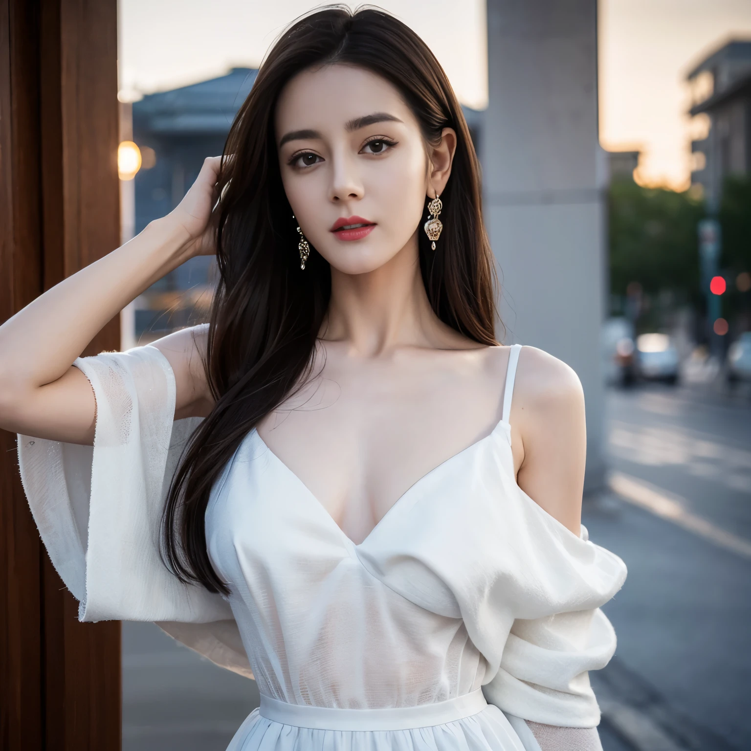 ((top quality、8k、Masterpiece:1.3))、Extremely delicate and beautiful girl,full-body shot,huge breasts,bigger breasts,amazing breast size,H cup,JK suit,pleated skirt,short skirt,sunset,sunset。Wear big earrings,Very white skin,moist red lips,Waist is very thin,Thighs are very thin,Big hips,Reveal a little,White and smooth skin,Smooth and fair skin,flawless skin,Fair and shiny skin,cold white skin,The camera focuses on the chest,bright light