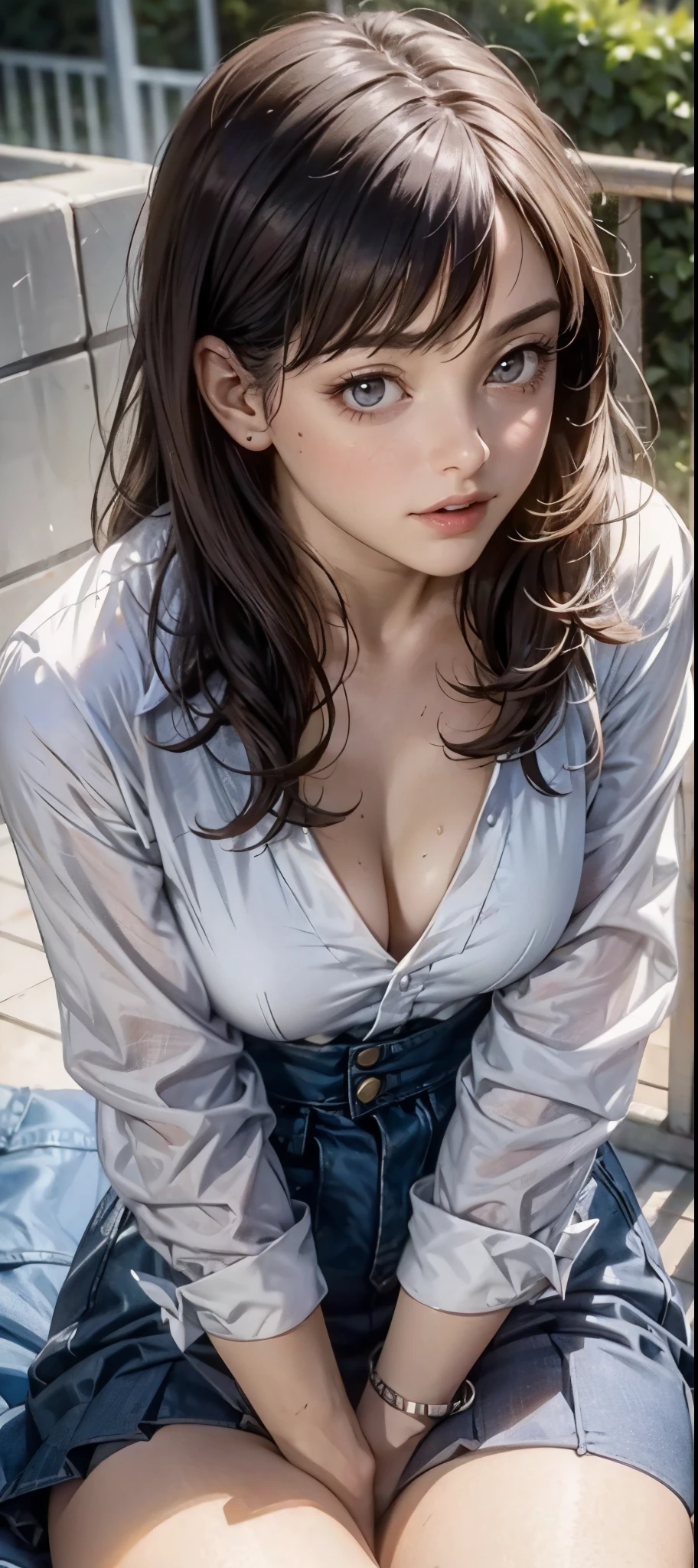 girl in summer clothes, white blouse, light blue shorts, pantyhose or long stockings, making like she wants to kiss you, view from viewer, medium breasts, cleavage, random backgroud, flirtatious look, ((very detailed)), (perfectly detailed face), (well detailed hand) photorealistic image.