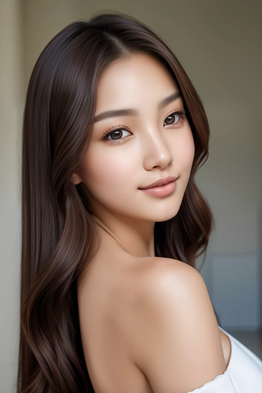 (4k, highest quality, ultra detailed, ultra realistic) white background, portrait photo of a beautiful 18-year-old Korean woman, boasting a natural and radiant complexion, showcasing realistic and authentic skin tones. Her features are incredibly lifelike, capturing every detail with meticulous precision. The trendy hairstyle cascades down her back, consisting of long, dark brown strands that shine with a luscious luster. Her large, dark brown eyes are incredibly detailed, with realistic irises that seem to deepen and shift in the light. Her natural smile exudes charisma, accompanied by perfect, natural lips. Devoid of makeup, her flawless skin