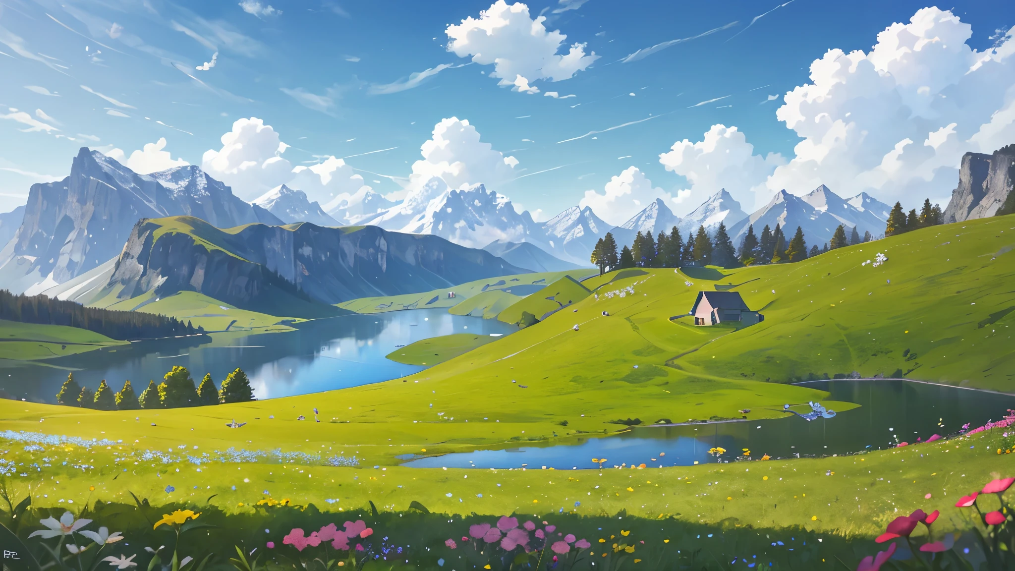 Summer, meadows, few small flowers, clear lakes, sheep, heaven, large clouds, blue sky, hot weather, HD detail, wet watermark, hyper-detail, cinematic, surrealism, soft light, deep field focus bokeh, distant view is snowy mountains, ray tracing, and surrealism. --v6