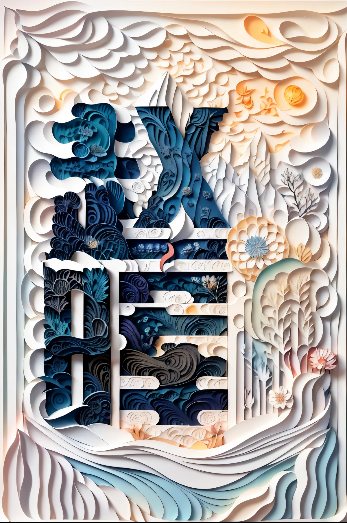 (number art,paper cut:1.2)，Mountains, trees, rivers，flowers，lotus flower， (Oriental elements, Chinese colors, senior color matching),  (3d sculpture，rendering by octane，volumettic light，Natural soft light，), (super delicate:1.2, lose focus:1.2, extremely colorful, Cinematic Lighting, Chiaroscuro,Ray Tracing), Masterpiece, super rich,super detailed,8k