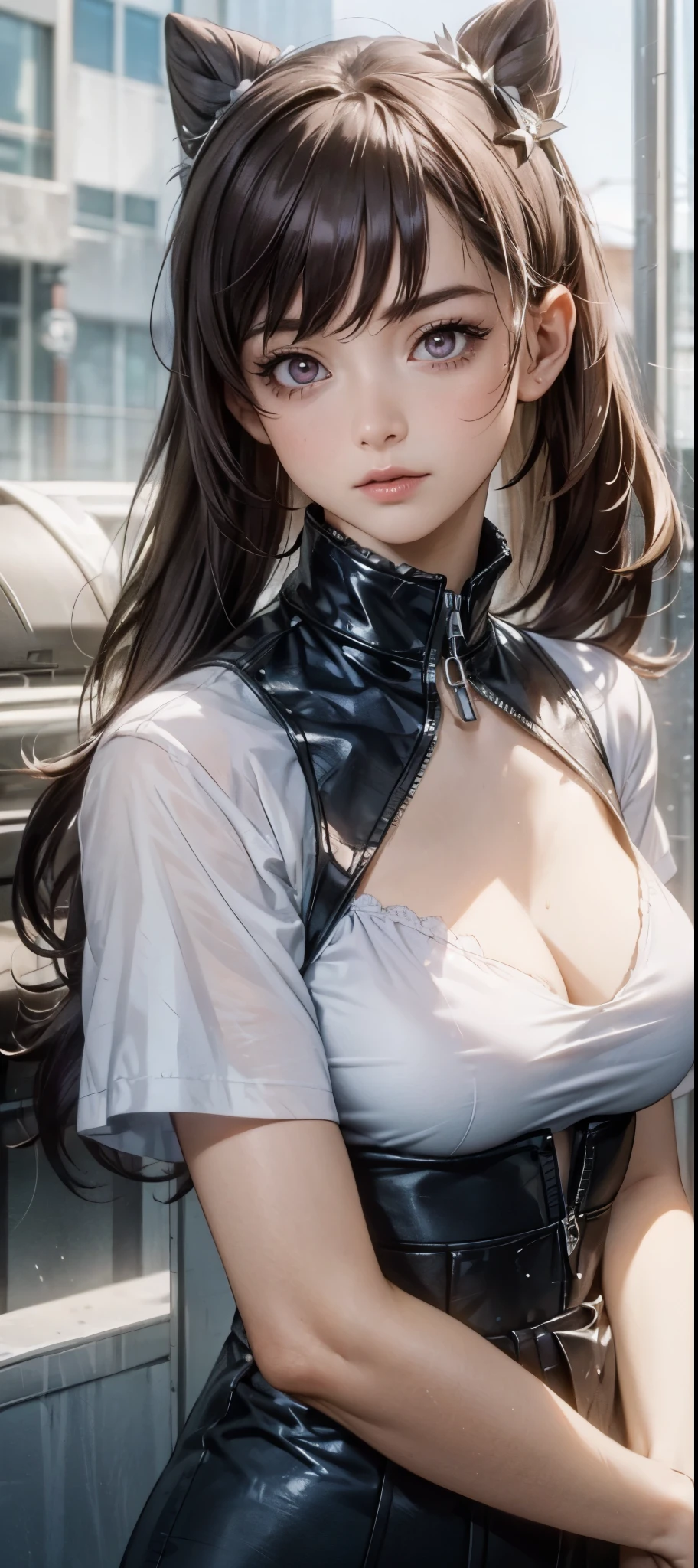 girl in summer clothes, white blouse, light blue shorts, pantyhose or long stockings, making like she wants to kiss you, view from viewer, medium breasts, cleavage, random backgroud, flirtatious look, ((very detailed)), (perfectly detailed face), (well detailed hand) photorealistic image.
