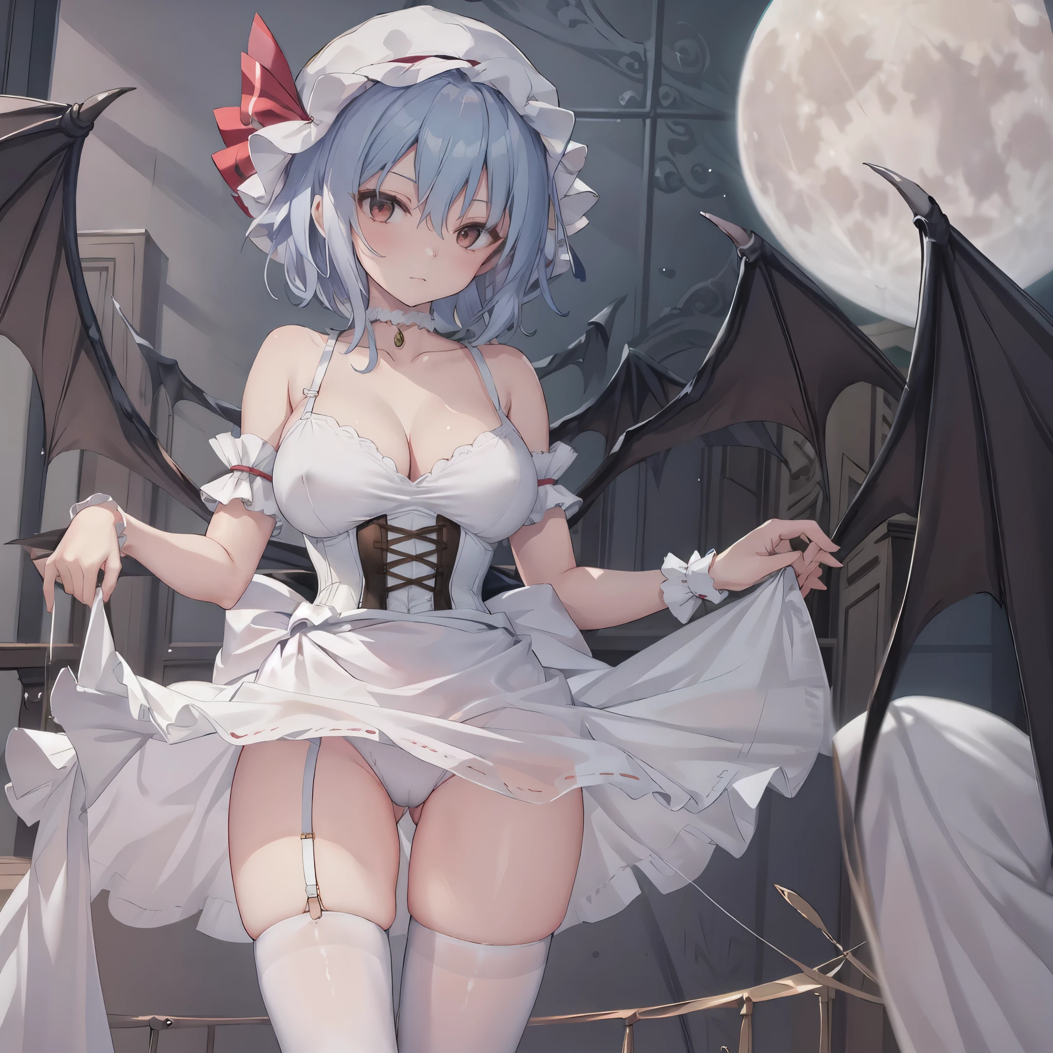 (Remilia toho character), (solo:1.2), (standing on the deck of mansion:1.1), a full moon, midnight, BREAK, short hair, collarbone, (emphasize very perky large breasts:1.1), (emphasize cleavage:1.2), (inconceivably thin waist:1.3), (very short thin torso:1.2), very long (thin legs), emphasize thigh gap, BREAK, (short sheer white dress), shoulder straps, (brown inconceivably wiry corset cinches waist too tight:1.5), frilled (too short white miniskirt), (light blue thighhighs), BREAK, nose blush