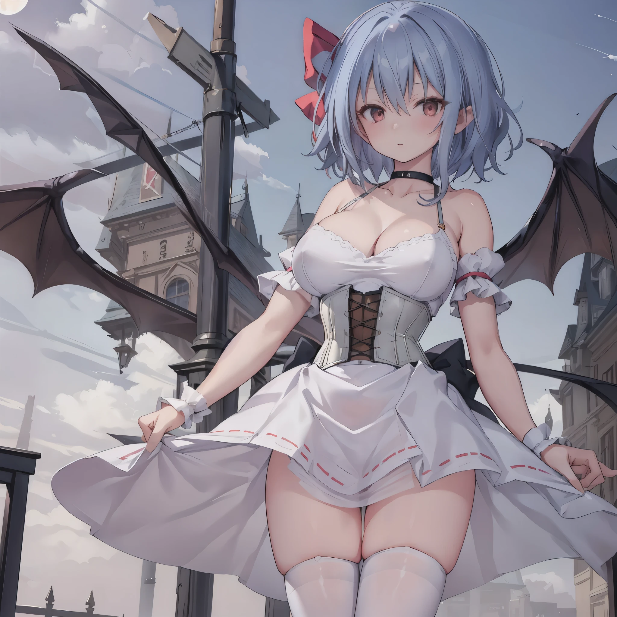 (Remilia toho character), (solo:1.2), (standing on the deck of mansion:1.1), a full moon, midnight, BREAK, short hair, collarbone, (emphasize very perky large breasts:1.1), (emphasize cleavage:1.2), (inconceivably thin waist:1.3), (very short thin torso:1.2), very long (thin legs), emphasize thigh gap, BREAK, (short sheer white dress), shoulder straps, (brown inconceivably wiry corset cinches waist too tight:1.5), frilled (too short white miniskirt), (light blue thighhighs), BREAK, nose blush