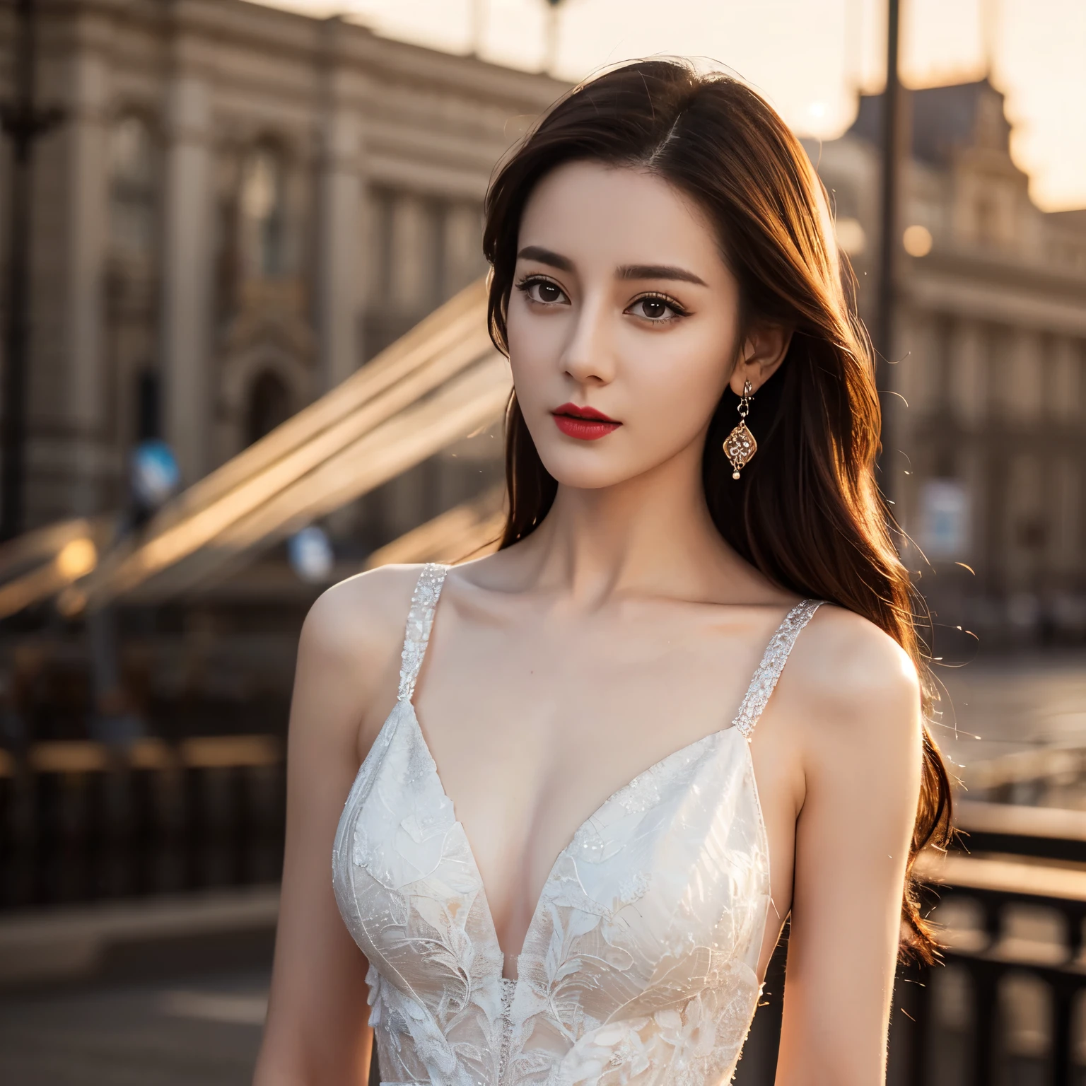 ((top quality、8k、Masterpiece:1.3))、Extremely delicate and beautiful girl,full-body shot,huge breasts,bigger breasts,amazing breast size,H cup,Long skirts,sunset,sunset。Wear big earrings,Very white skin,moist red lips,Waist is very thin,Thighs are very thin,Big hips,Reveal a little,White and smooth skin,Smooth and fair skin,flawless skin,Fair and shiny skin,cold white skin,The camera focuses on the chest,bright light