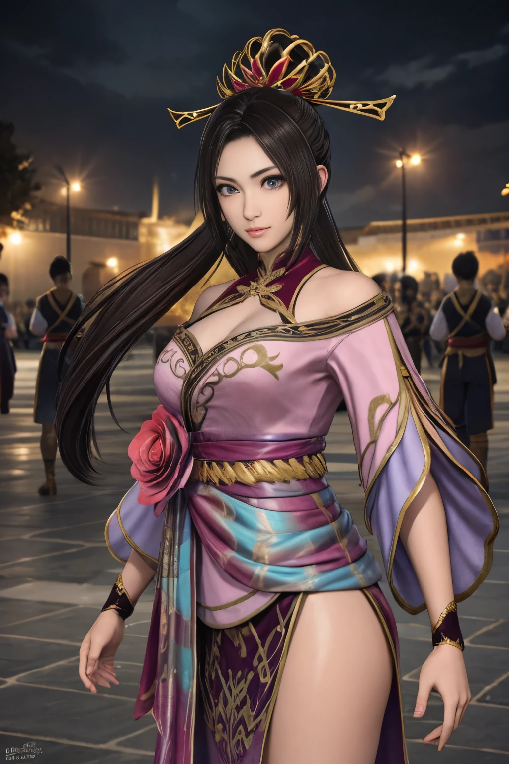 Diaochan from Sangoku Musou 8,Fighting soldiers,Diaochan and the soldiers,masterpiece,fine eyes、puffy eyes,battlefield、highest quality, 超High resolution, (reality: 1.4), movie lighting、(超reality的な)、(High resolution)、(8K)、(very detailed)、(美しくfine eyes)、(Super detailed)、detailed face、lots of soldiers,fierce battle