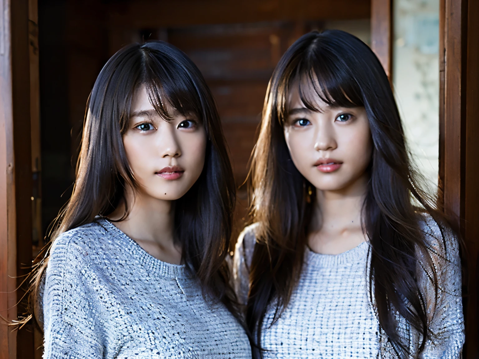 (8K, RAW photo, highest quality, masterpiece:1.2), (realistic, photo-realistic:1.37), identical twin sisters、super detailed, ultra high resolution,super detailed, ultra high resolution,1 girl,looking at the viewer,beautiful detailed face,smile,narrow,(slim waist:1.3),shirt, Fine and beautiful skin, skin texture, floating hair,professional lighting,