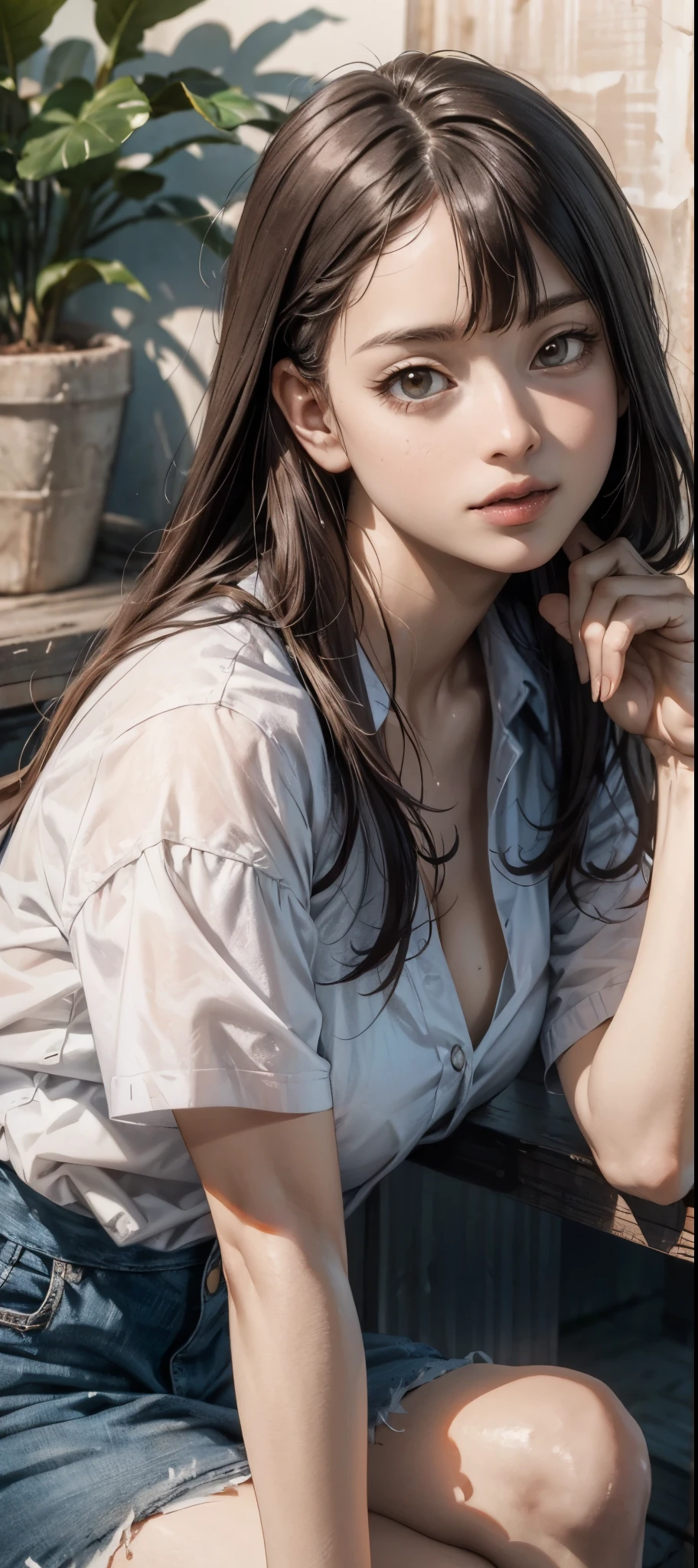 girl in summer clothes, white blouse, light blue shorts, pantyhose or long stockings, making like she wants to kiss you, view from viewer, medium breasts, cleavage, random backgroud, flirtatious look, ((very detailed)), (perfectly detailed face), (well detailed hand) photorealistic image.