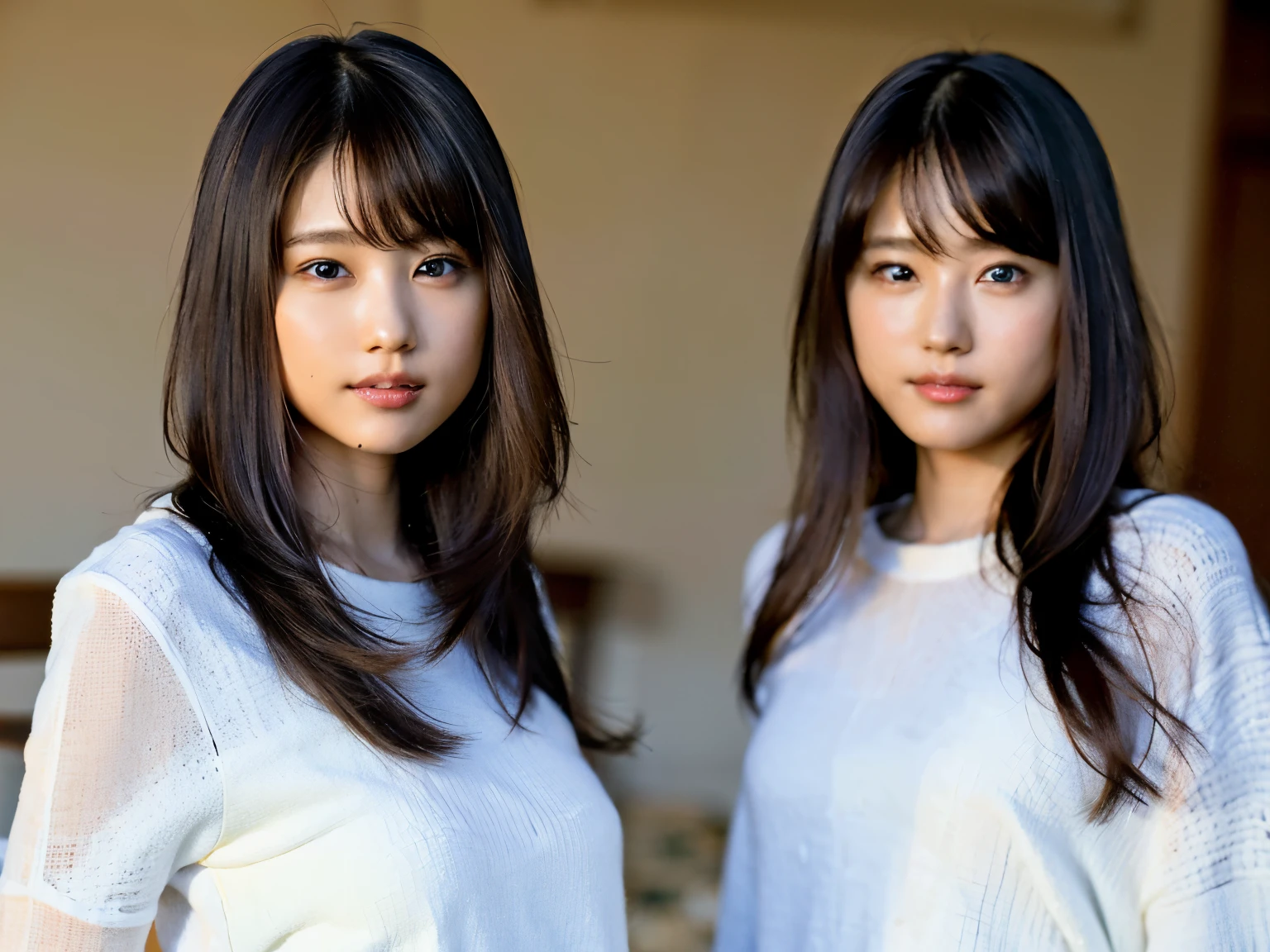 (8K, RAW photo, highest quality, masterpiece:1.2), (realistic, photo-realistic:1.37), identical twin sisters、super detailed, ultra high resolution,super detailed, ultra high resolution,1 girl,looking at the viewer,beautiful detailed face,smile,narrow,(slim waist:1.3),shirt, Fine and beautiful skin, skin texture, floating hair,professional lighting,