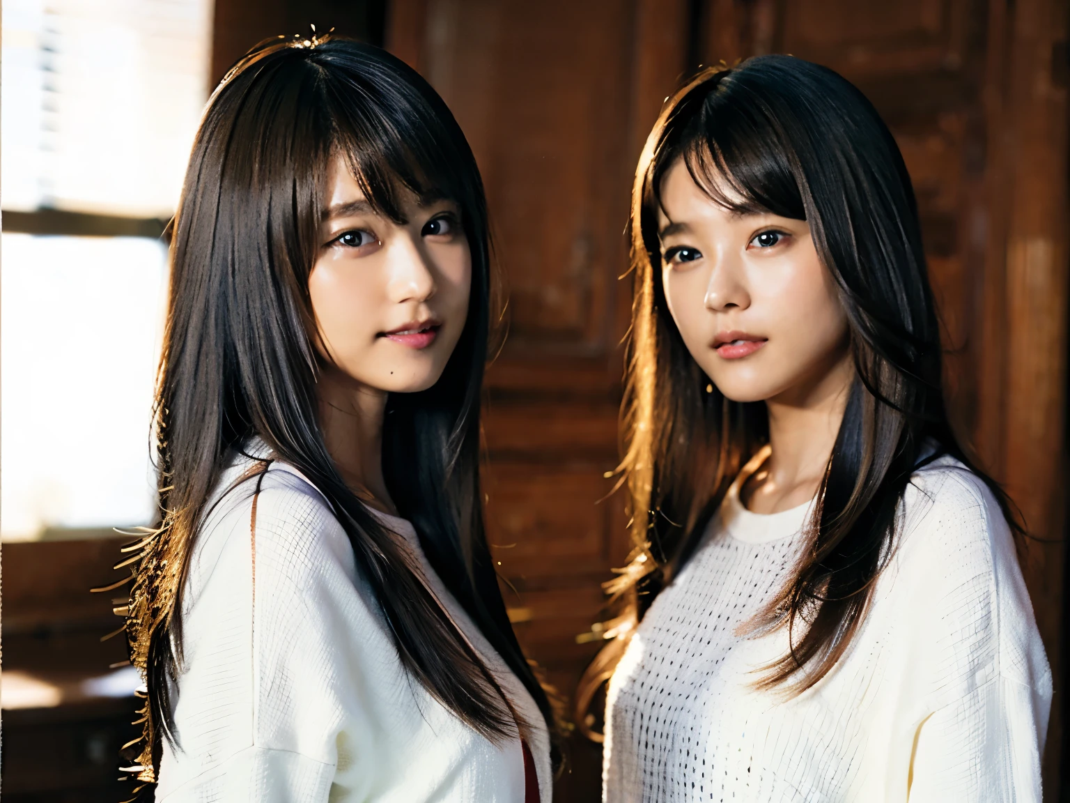 (8K, RAW photo, highest quality, masterpiece:1.2), (realistic, photo-realistic:1.37), identical twin sisters、super detailed, ultra high resolution,super detailed, ultra high resolution,1 girl,looking at the viewer,beautiful detailed face,smile,narrow,(slim waist:1.3),shirt, Fine and beautiful skin, skin texture, floating hair,professional lighting,