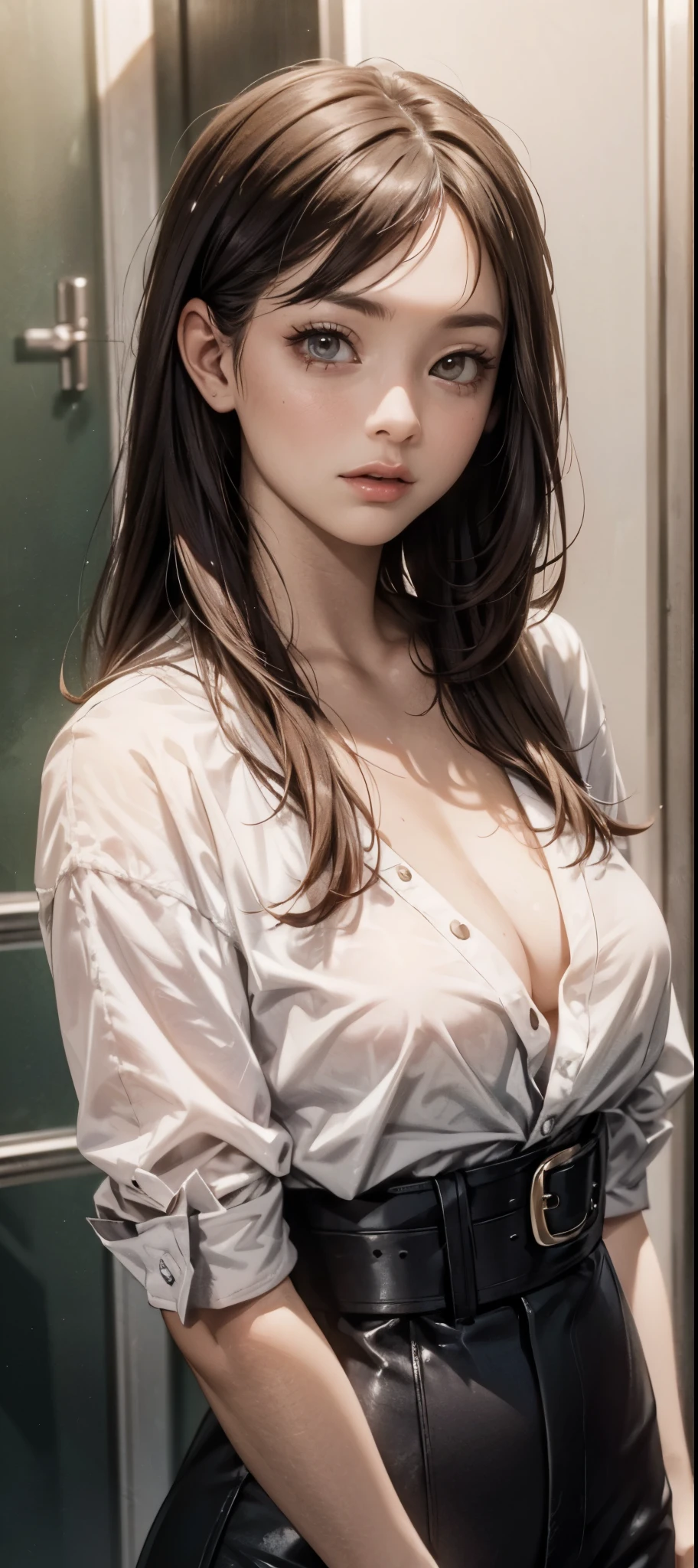girl in summer clothes, white blouse, light blue shorts, pantyhose or long stockings, making like she wants to kiss you, view from viewer, medium breasts, cleavage, random backgroud, flirtatious look, ((very detailed)), (perfectly detailed face), (well detailed hand) photorealistic image.