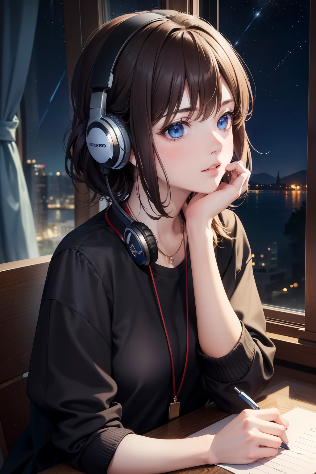 Top quality masterpiece, showcasing the realistic (1.2) profile of a girl with short brown hair and captivating blue eyes. She is dressed in casual attire, wearing headphones around her neck and holding a pen in her hand. The scene takes place in a dimly lit, cozy darkroom with a peek-a-boo window. The girl's detailed face and beautiful, expressive eyes capture the viewer's attention as she gazes up at the starry sky, lost in thought. The starry sky is rendered in stunning detail, resembling a beautiful, intricate painting. The image is captured in high resolution with delicate textures and sharp focus, leaving no imperfections