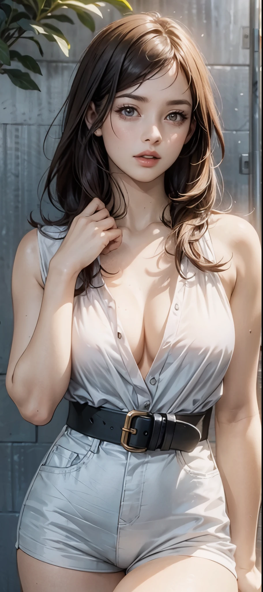 girl in summer clothes, white blouse, light blue shorts, pantyhose or long stockings, making like she wants to kiss you, view from viewer, medium breasts, cleavage, random backgroud, flirtatious look, ((very detailed)), (perfectly detailed face), (well detailed hand) photorealistic image.
