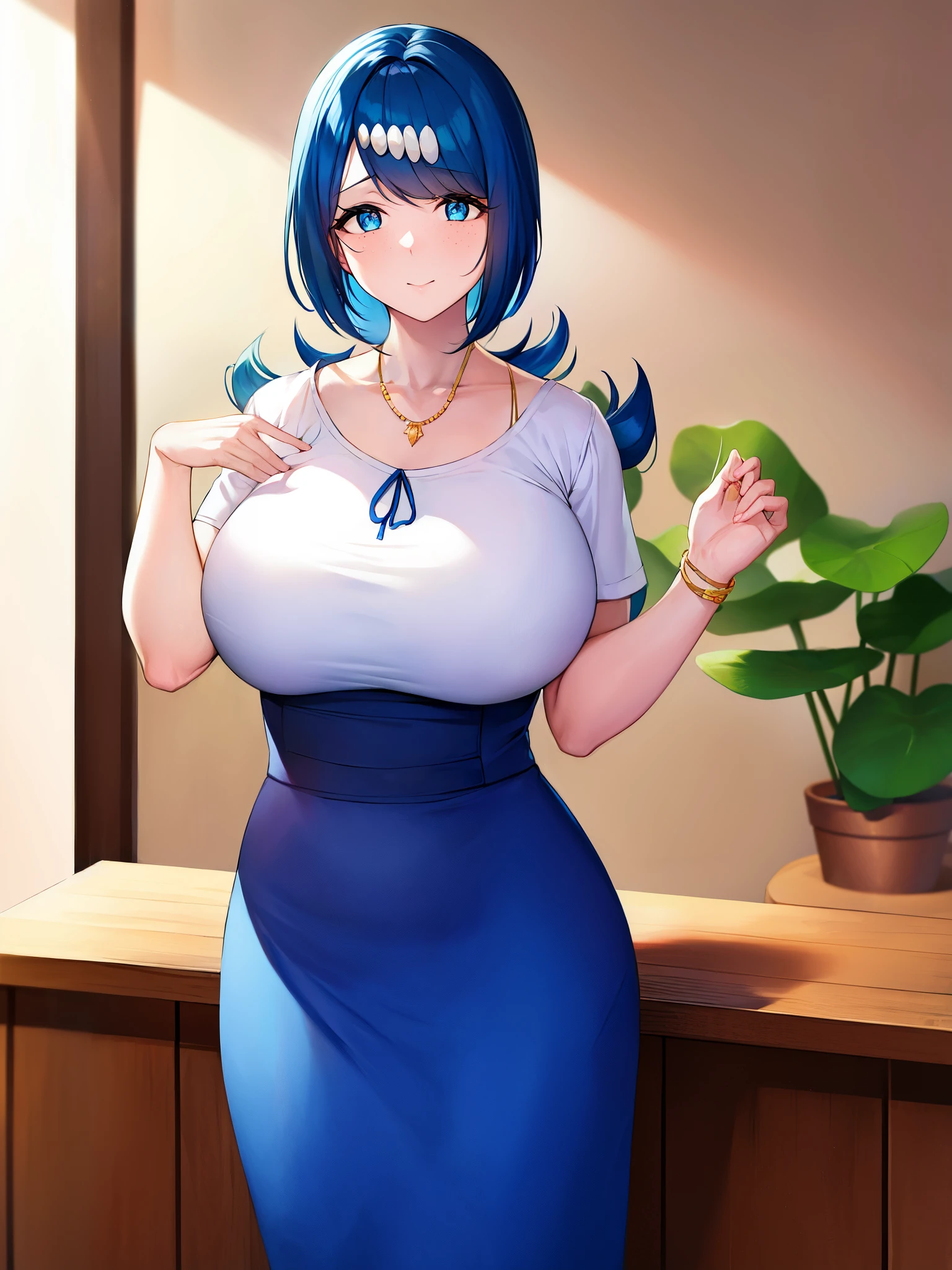 pokémo、big tits milf、big tits milf、big tits milf、water lily mom、Water lily and water lily&Sui&#39;s guardian、Deliver ingredients to Aina Shokudo、blue eyes、blue hair、freckles、hair ornaments、long hair、flowing bangs、(Pupil 1.5)、BREAK blouse、ブルーskirt、bracelet、clavicle、dress、gem、ロングskirt、shirt、short sleeve、skirt、白いshirt、BREAK Viewer、The hairstyle is a single knot.、The tied part looks like a ship&#39;s anchor.。whole body、(cowboy shot:1.5)、BREAK indoor、BREAK (master piece:1.2)、highest quality、High resolution、unity 8k wallpaper、(An illustration:0.8)、(beautiful eyes:1.6)、highly detailed face、perfect lighting、highly detailed CG、(perfect hands、perfect anatomy)、