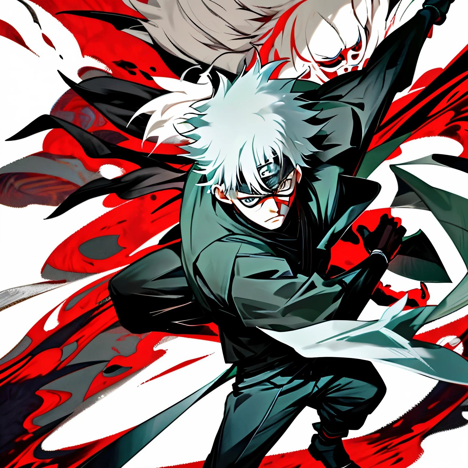 an image of a fusion between Kakashi Hatake from Naruto and Satoru Gojo from Jujutsu Kaisen, resulting in a unique and powerful character that combines his distinct appearances, habilidades, e personalidades.