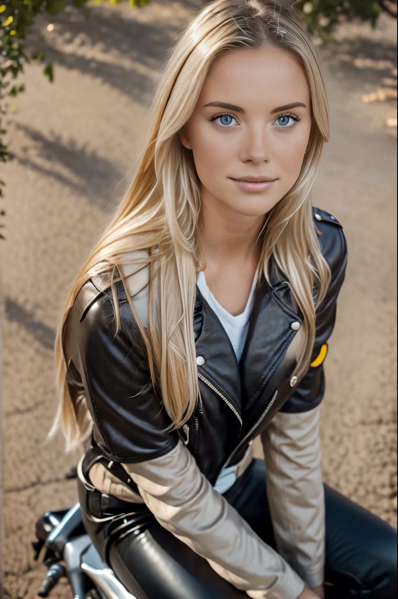 summer77, beautiful blonde 23yo girl, solo, sitting on a motorcycle, leather pants, leather jacket, side view, urban, recover face details, realistic skin texture, photography, snapshot,