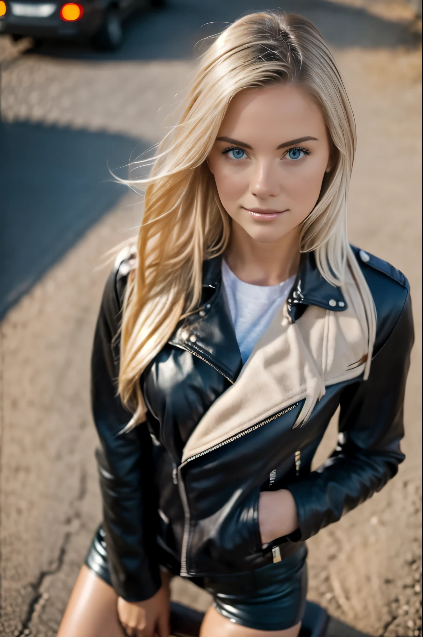 summer77, beautiful blonde 23yo girl, solo, sitting on a motorcycle, leather pants, leather jacket, side view, urban, recover face details, realistic skin texture, photography, snapshot,