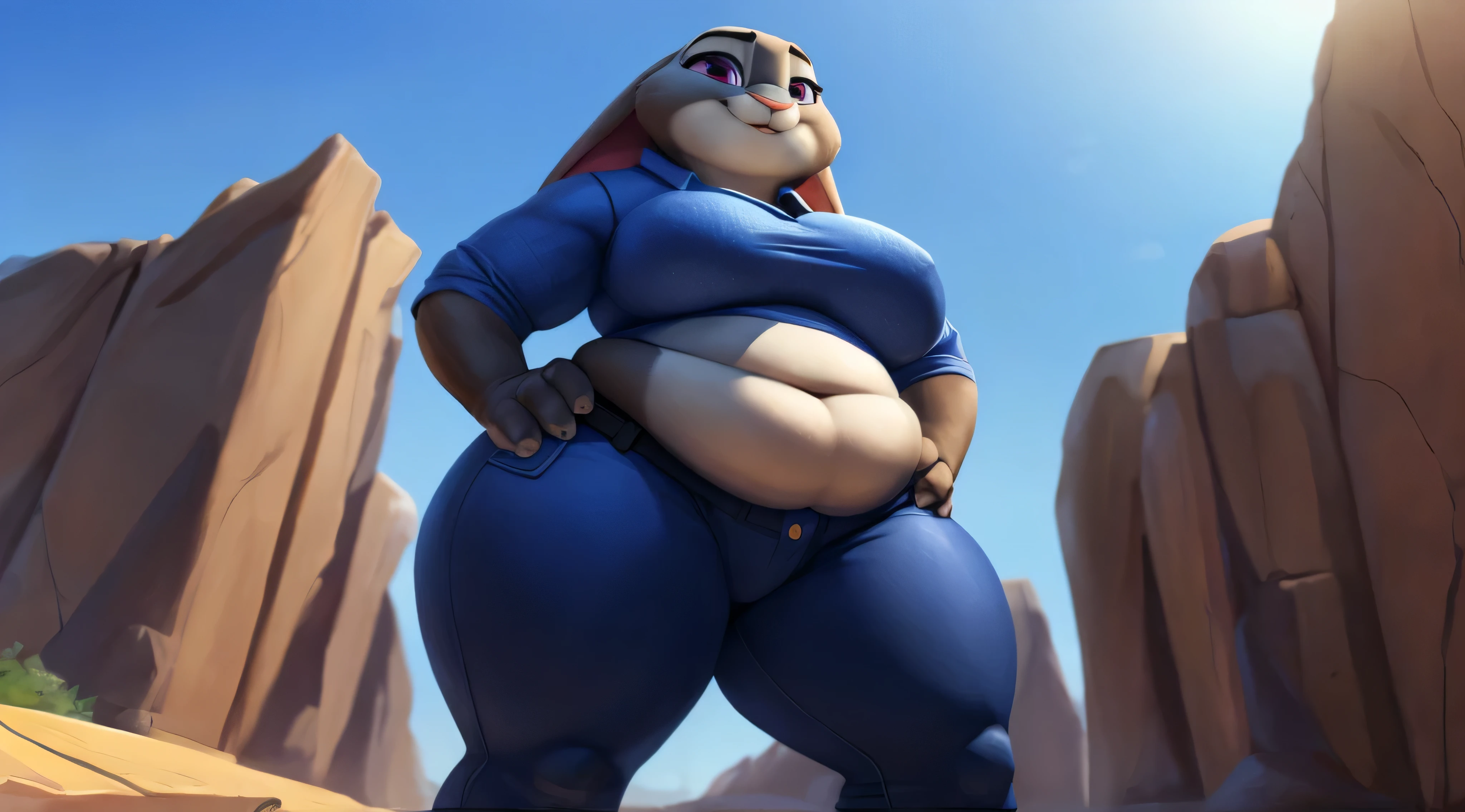 [Judy_Hopps], [zootopia], [carregado para e621.liquid; (Pixelsketcher), (wamudraws), (Siroc)], ((obra de arte)), ((High definition)), ((high resolution)), ((retrato solo)), ((corpo todo)), ((vista frontal)), ((feet visible)), ((peludo; antropo)), ((pele detalhada)), ((sombreamento detalhado)), ((beautiful rendering art)), {antropo rabbit; pelo cinza, (orelhas de coelho multicolorido), (curvy hips), (lindas pernas), (beautiful feet), (lindos olhos roxos), (sorriso fofo)}, {(uniforme policial), (tight black pants)}, {(standing), (hands on hips), olhando para o espectador)}, Fundo: Grande cidade , blue sky, Curvo, muito gordo, quadris largos, enorme, coxas grossas e macias, muito gordo flabby arms, Realistic lighting, alto detalhe, Rosto detalhado, sombreamento realista, rolos de gordura, tamanho enorme, seios gigantescos e enormes transbordando de gordura, decote enorme, pesado, mais tamanho, everything is fat, textura macia, lindos olhos grandes, semi-realista, dynamic angle, pattern clothes, muito gordo, SSBBW, fat arms, very fat, IMMOBILE, 800 pounds of weight, [Giant breasts], More bigger than now, and larger and larger, double chin, fat neck, doughy large belly, plump arms
