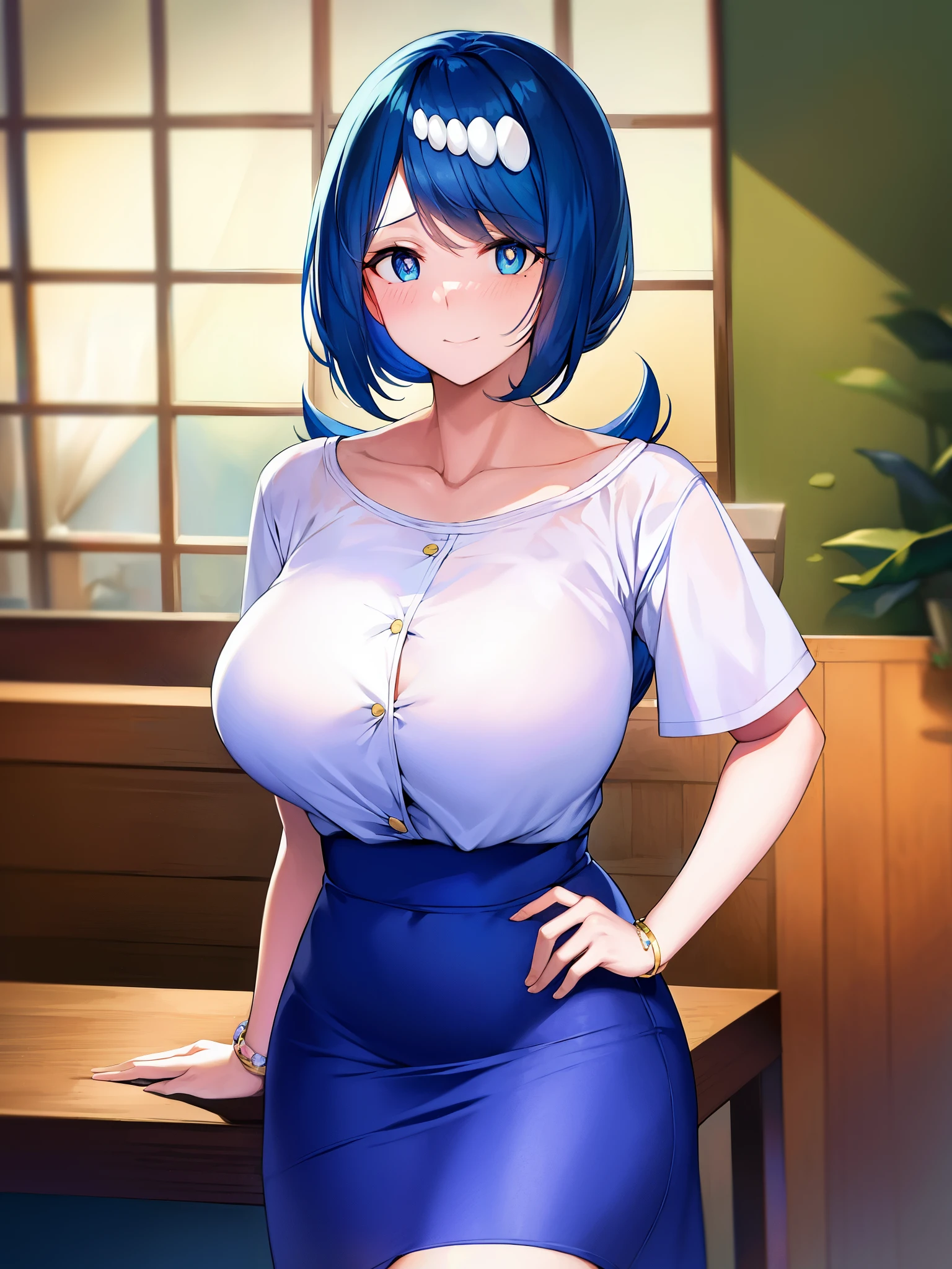 pokémo、big tits milf、big tits milf、big tits milf、water lily mom、Water lily and water lily&Sui&#39;s guardian、Deliver ingredients to Aina Shokudo、blue eyes、blue hair、freckles、hair ornaments、long hair、flowing bangs、(Pupil 1.5)、BREAK blouse、ブルーskirt、bracelet、clavicle、dress、gem、ロングskirt、shirt、short sleeve、skirt、白いshirt、BREAK Viewer、The hairstyle is a single knot.、The tied part looks like a ship&#39;s anchor.。whole body、(cowboy shot:1.5)、BREAK indoor、BREAK (master piece:1.2)、highest quality、High resolution、unity 8k wallpaper、(An illustration:0.8)、(beautiful eyes:1.6)、highly detailed face、perfect lighting、highly detailed CG、(perfect hands、perfect anatomy)、