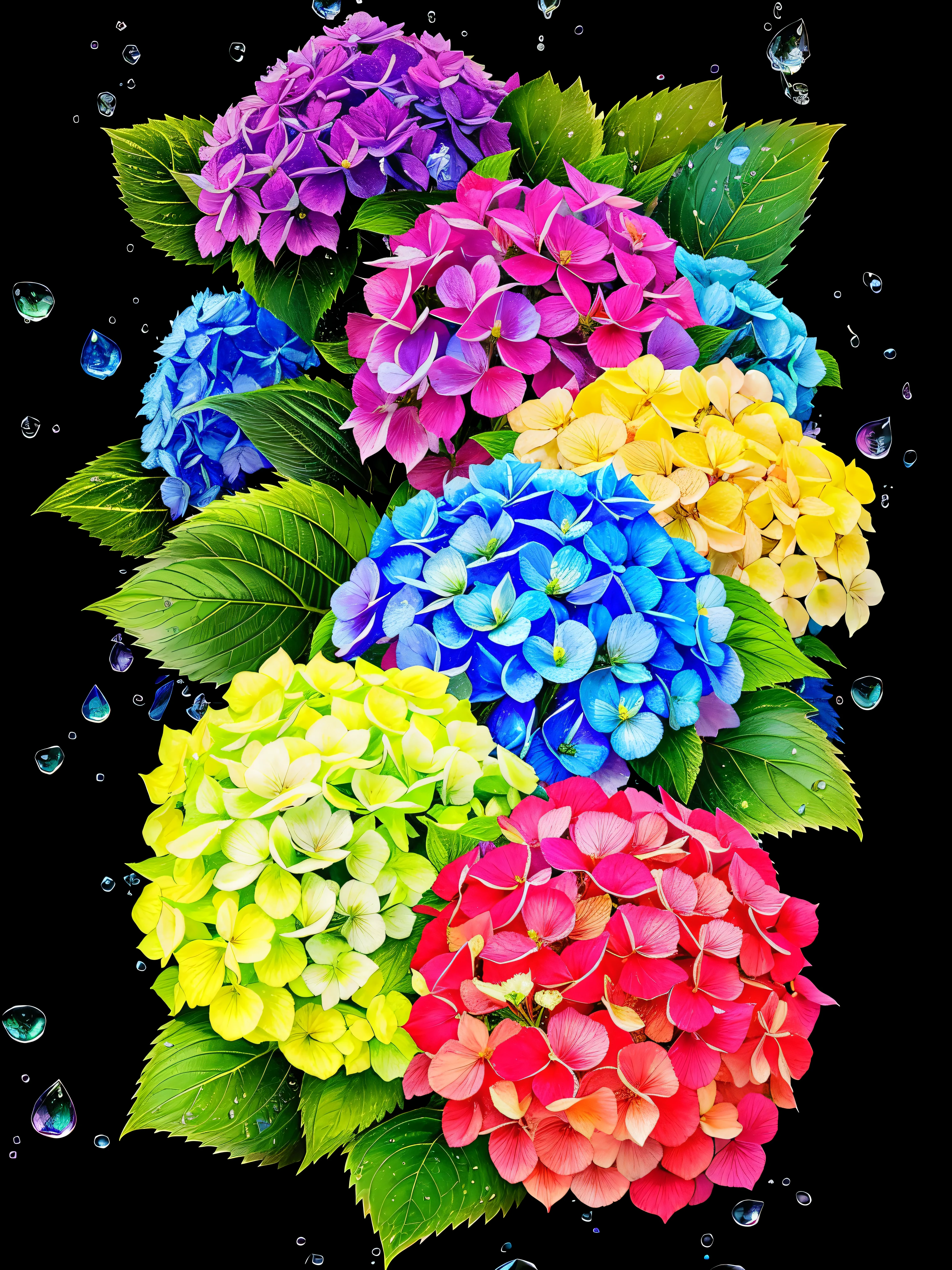 (colorful hydrangeas+Transparent flowers),(water droplets+shining petals), stronger contrast、Highlight Intensity、Beautiful reflected light、bright background, dark foreground, magical light stream, Silver vapor surrounding the guardian cloud, 8K resolution, great visual enjoyment.