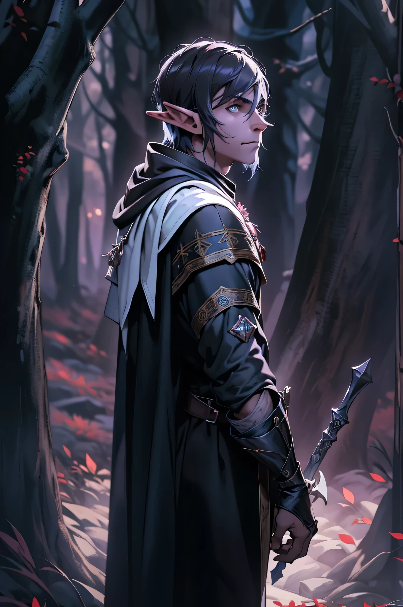 (extremely detailed 8k wallpaper:1.2), (best quality:1.2), (adventure and fantasy theme), profile (Dungeons & Dragons RPG character), ((((black elf race man)))), (((drow))), young, beautiful, sharp focus, (subsurface scattering:1.1), award-winning photograph, ((half-body shot:1.1)), centered face, short dark gray hair, white skin, pale skin, bright lilac eyes:1.2, ((kind expression)), serious, (((((dark cloak medieval costume))))), (standing inside black forest:1.3), (very detailed background:1.2), dramatic lighting, sfw, man, male, boy, guy, man, male, boy, guy