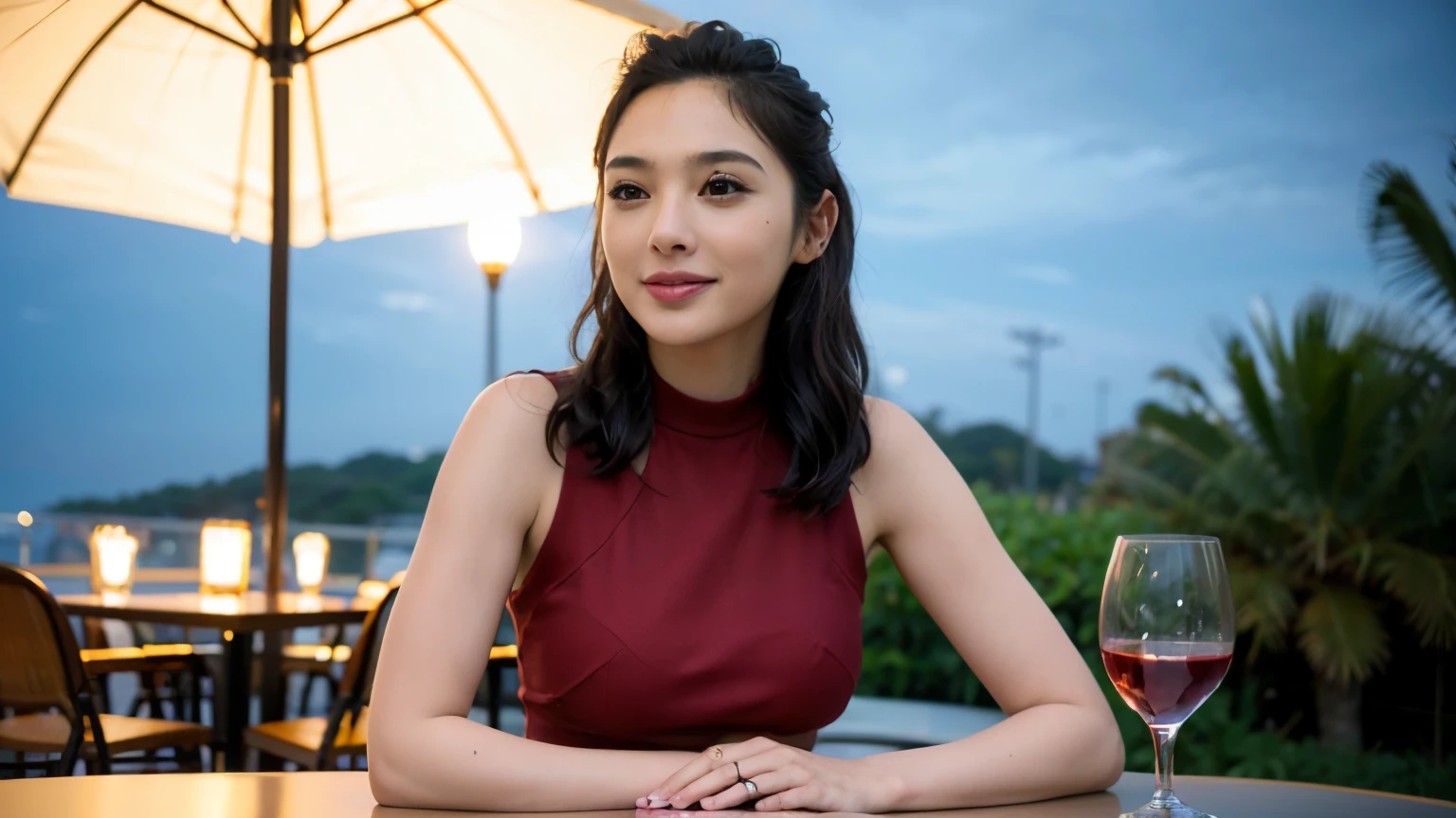 (8K, ultra high definition, top quality, masterpiece: 1.2), (actual, photoactual: 1.37), wide angle, depth of field, super detailed, beautiful malay woman, bronze skin, 1 person, dark skin, (square face), (slim), (black hair), Long wavy hair, naturally messy hair, (shortcut), Cheeks slightly red, (44 years old), 38 years old, alone, outdoor, Open beach bar, coconut tree, Wine glass sitting, night, NovaFrogStyle in a prominent place, actor, Model, above waist, Liquor, slim的, Red wine glass, Super Clean night View, romantic lighting, ambiguous, Red wine glass Put in the Middle, Happy Smile, shy, (Smile: 1.15), beautiful thin eyes, Upper body, beat japan, night, Korean evening dress, Modern Korean clothing, short, short, actor, Model, above waist, Liquor, slim的, Red wine glass, Super Clean night View, Red wine glass Put in the Middle, Happy Smile,