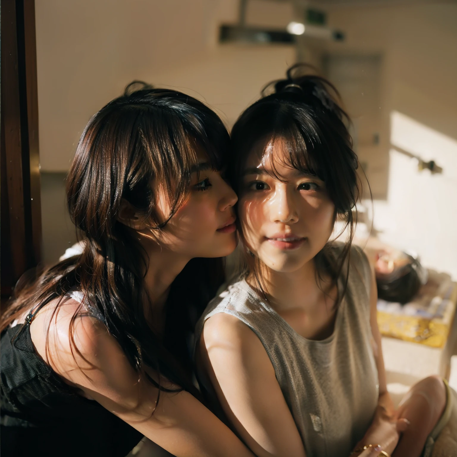 two amazingly beautiful women, kiss passionately, touch your lips, hug me tightly, interpretation, lesbian, In the small bathroom, under the shower, Wet, soaking wet, greedy