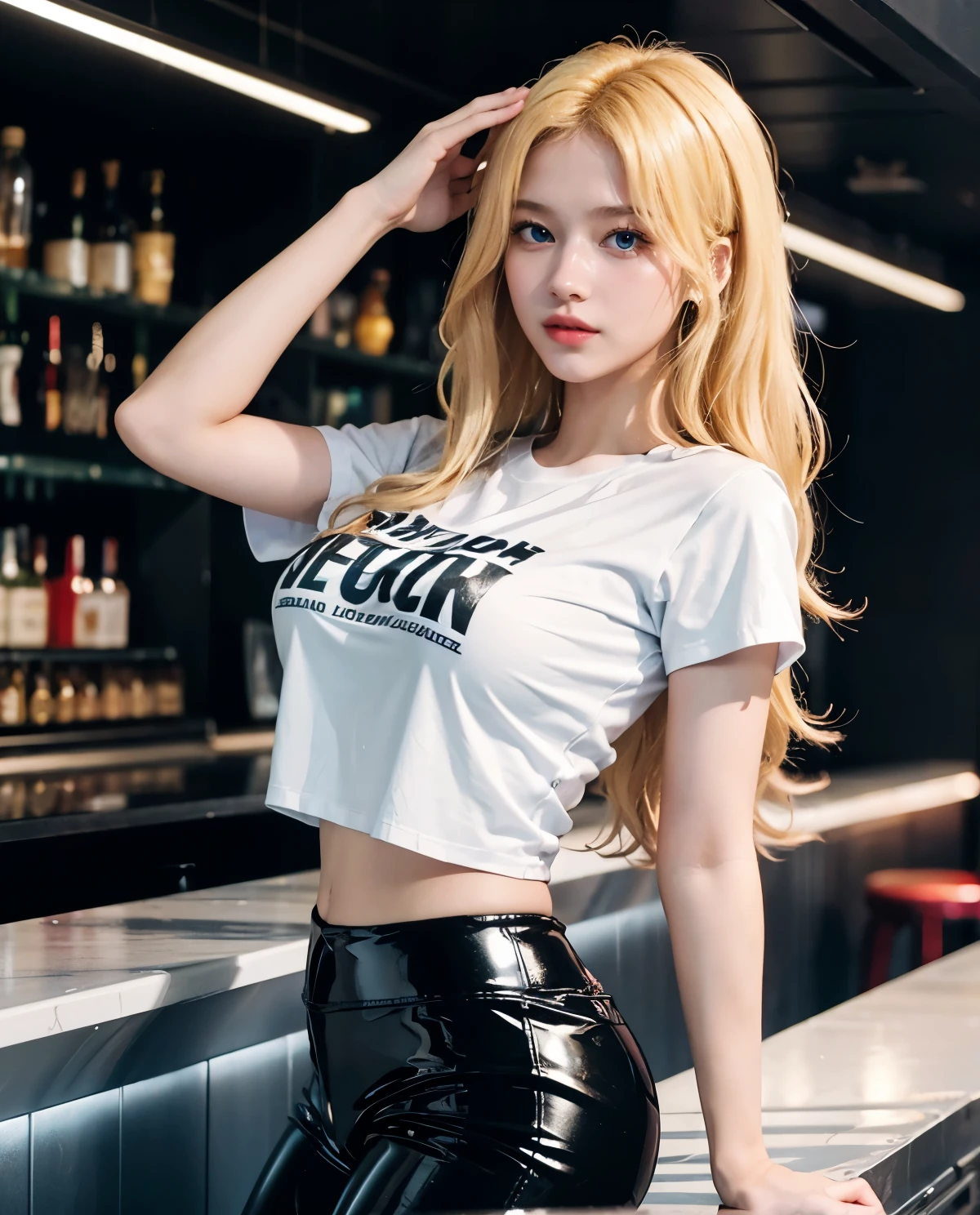 1girl, (Blue Eyes), smiling, (Sana Minatozaki), Big tits, big ass, (Best Quality, 8k, Masterpiece: 1.3), Clear Focus: 1.2, Perfect Body Beauty: 1.4, strong abs, Highly detailed face and skin texture, detailed eyes, double eyelids, (blonde long hair :1.2), (black latex pants :1.3), (white t-shirts :1.2), standing, dynamic pose, in a nightclub, bar in the background, illuminated with colored lights