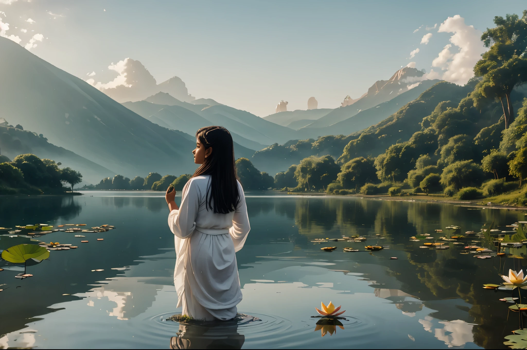 An Indian girl 16 year old girl picking lotus in the lake wearing a white clothes, morning light, lake background, village background, wet clothes, cinematic 