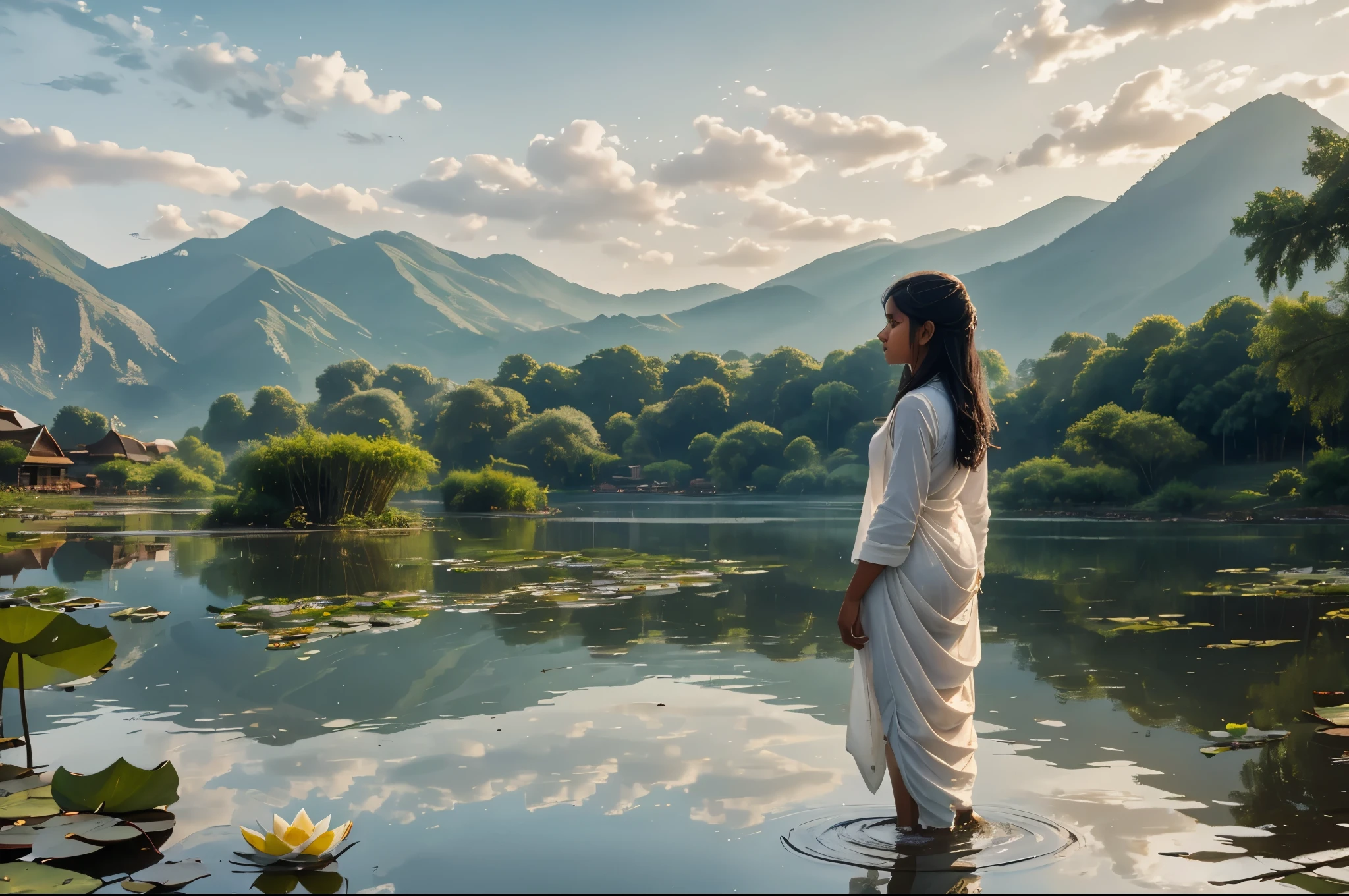 An Indian girl 16 year old girl picking lotus in the lake wearing a white traditional clothes, morning light, lake background, village background, wet clothes, wet body, clothes ripped,cinematic 