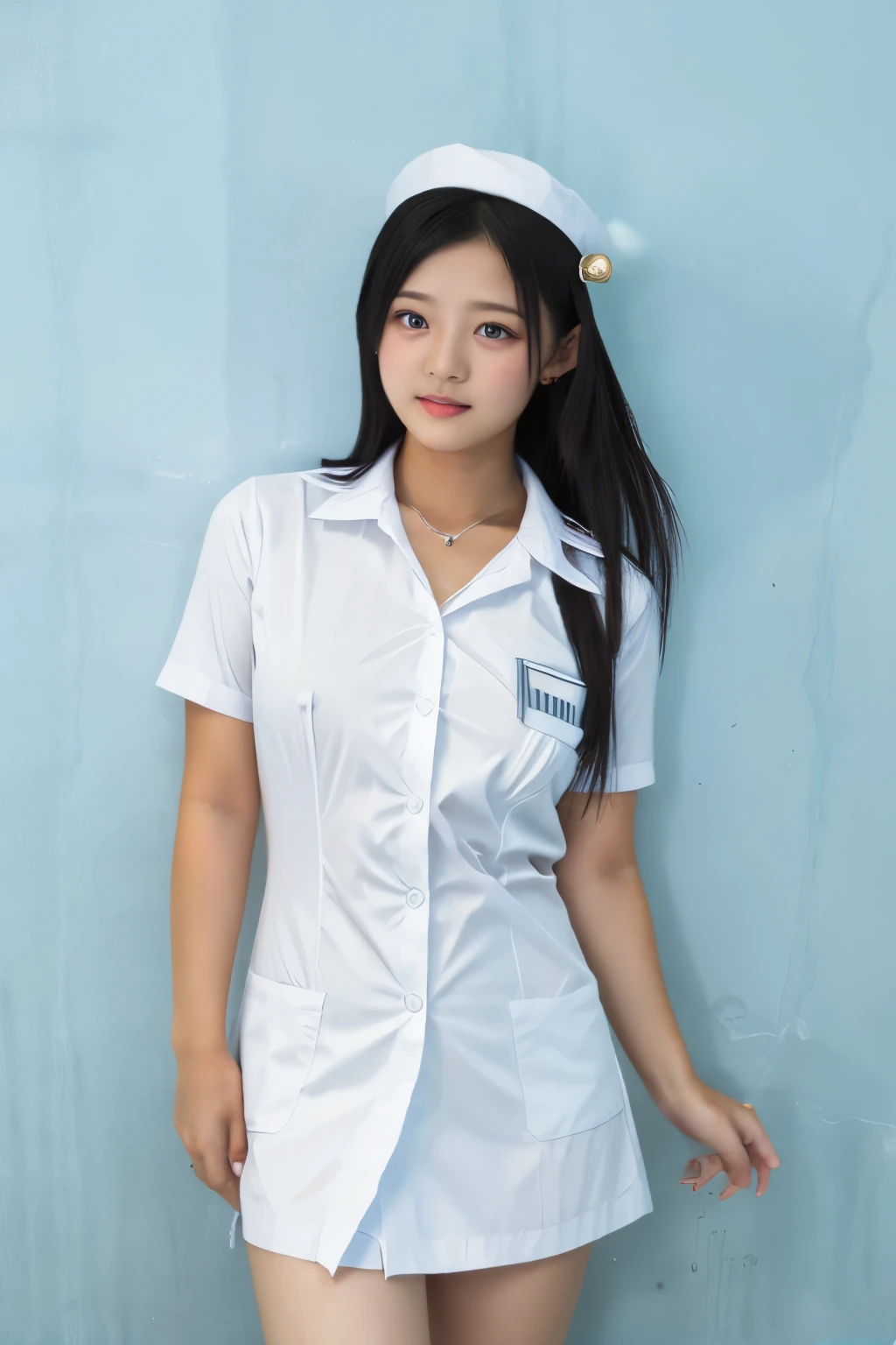 Best Quality, Full Body Portrait, Delicate Face, Beautiful Face, veraa, Makeup: 1.2, 25 Years Old Woman, Slim Body, Small Bust, OL Uniform, Female White Collar Uniform, Office Uniform, Black Stockings, Outdoor Scene, Standing, Long Hair, Nudity, Nudity, Nudity