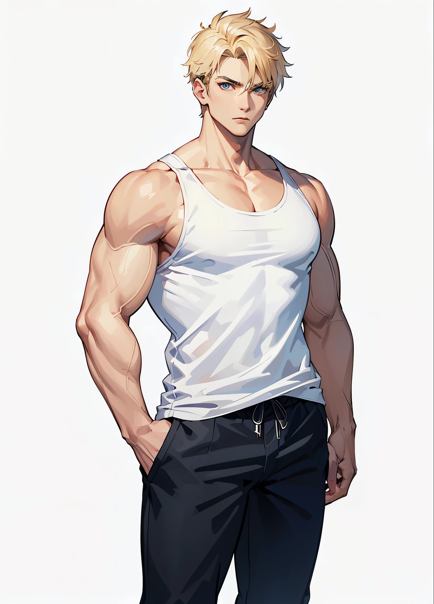(no background、white background:1.4)、10th generation male、1 person、Tank top、 muscular、big pectoral muscles、he has short blonde hair、 strong jaw line, bad face、((whole body、stand))、