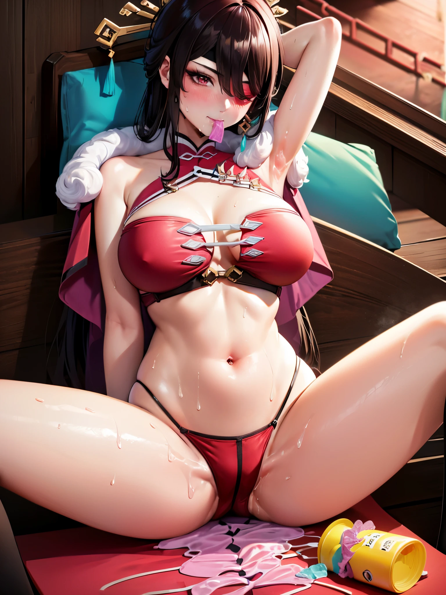 UHD, ccurate, masterpiece, anatomically correct, textured skin, super detail, best quality, 16k, 1080P,SOLO,(1 Female,huge oppai,brown long hair,red eye-patch),(wearing A Dark red Bikini:1.7)(cheongsam Style),(Spreading legs:1.9),(Lying flat on a Chinese Sofa:1.7),(Chinese Classic room:1.7),(Wearing black stockings ),(sweating skin:1.7),(Her both hands are behind her head:1.7),(Her mouth are holding a pink condom:1.7)(full blush:1.4),,(Genshin Impact/Beidou)
