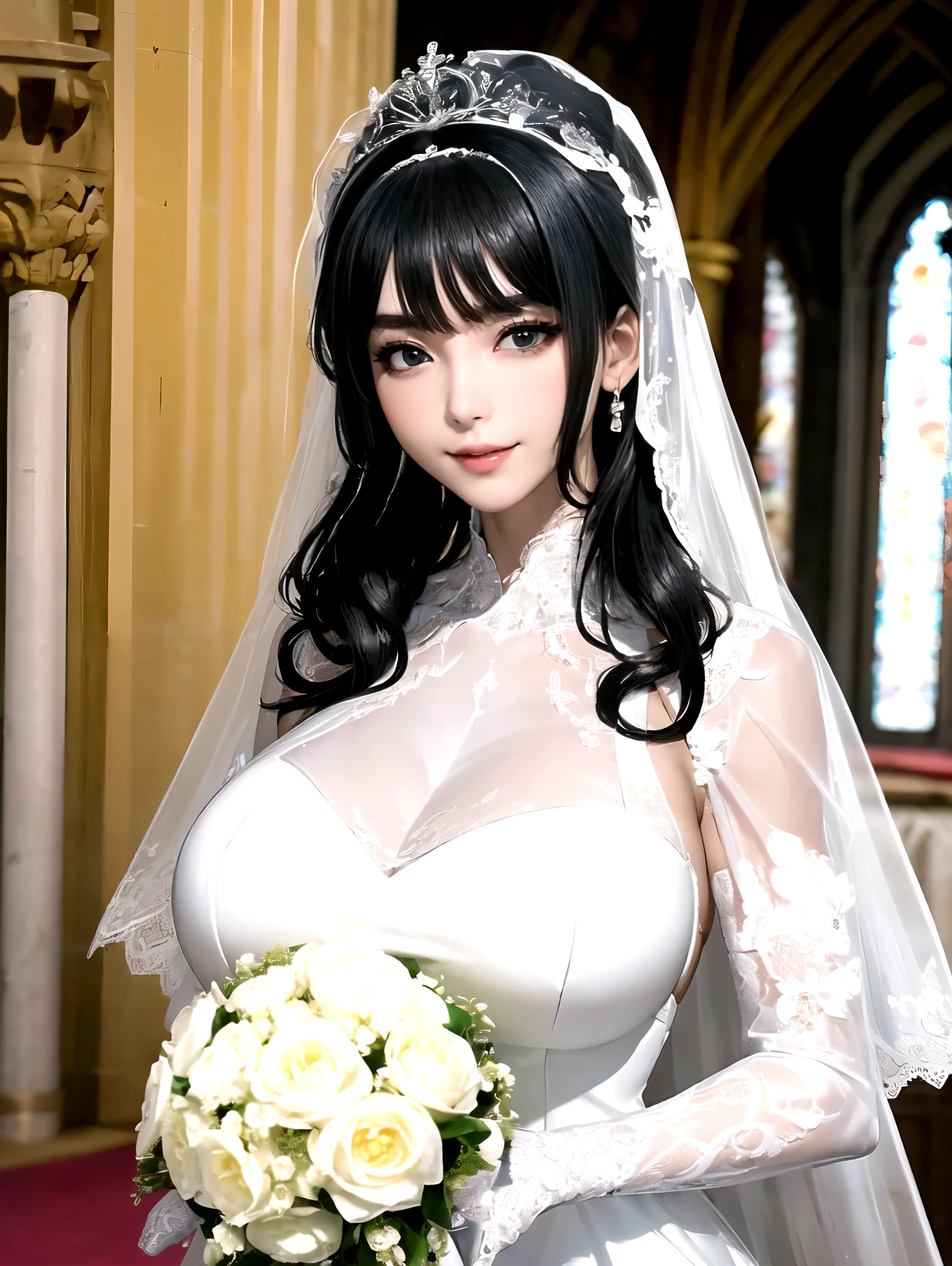 woman((20-year-old)), hair((black)), eye((smart eye, black)), Clothes((white lace, white wedding dress, marmiad dress)), hair bun, tiara, veil, bouquet, huge , big breasts, smile, Korean makeup look, bold makeup, white church, wedding in church,