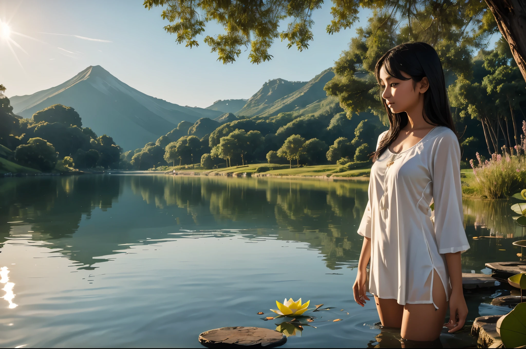An Indian girl 18 year old one girl picking lotus in the lake wearing a white traditional short dress, oily skin, morning light, lake background, village background, lotus background, wet clothes, wet body, clothes ripped, cinematic 
