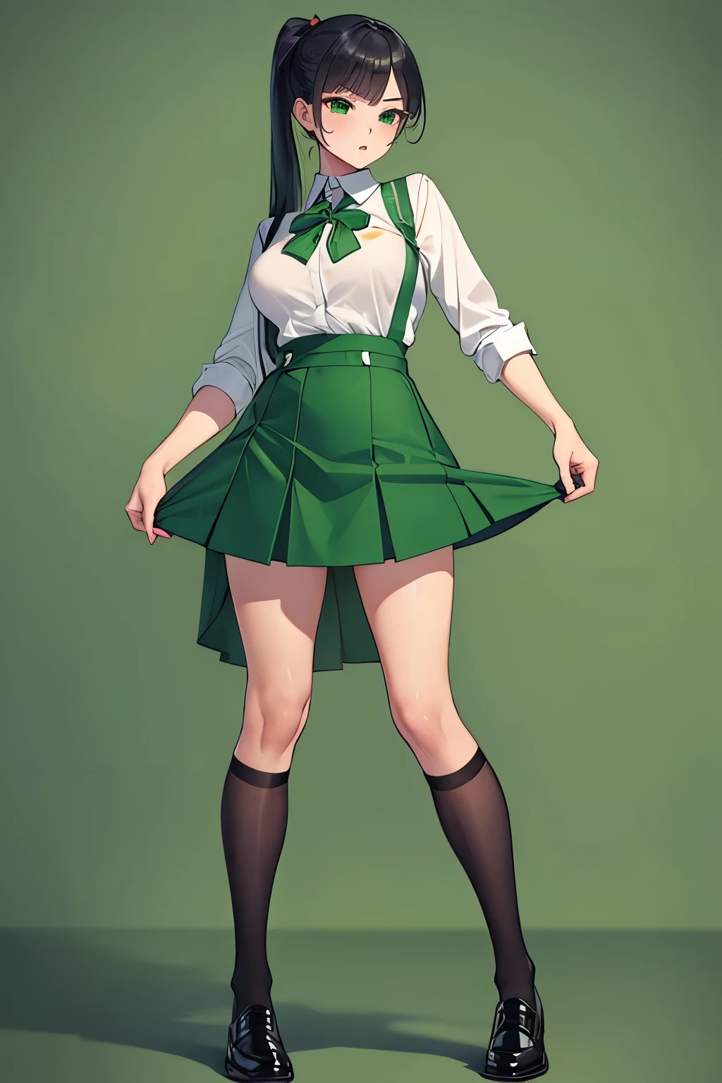 He is a man wearing a green school uniform who is sexy and popular with women all over the world。I like green。A frontal photo from head to foot。shoes are sexy。kind eyes, and a beautiful voice.。Please generate a full-body frontal image