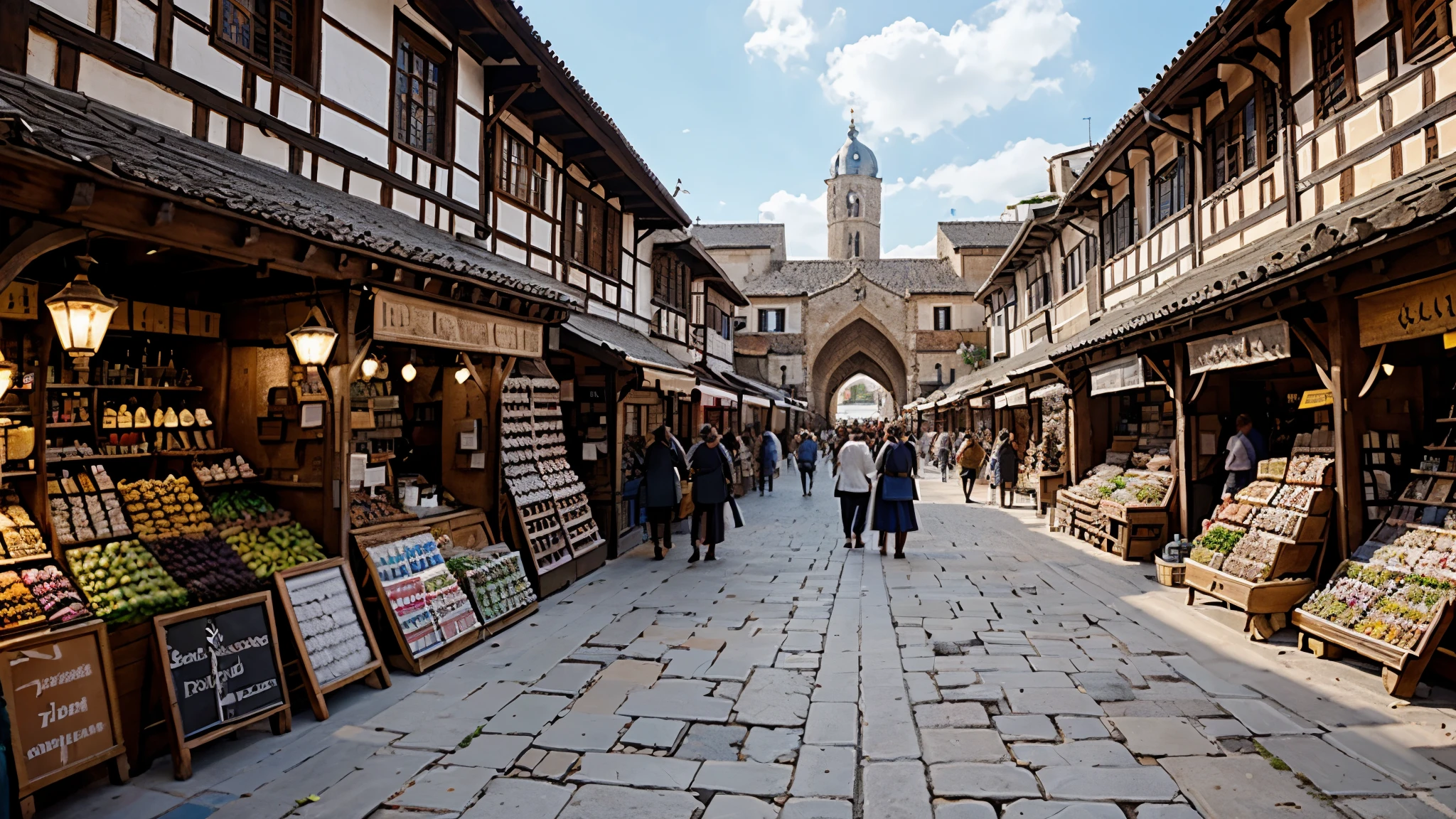 A bustling marketplace in a medieval city, filled with merchants, artisans, and exotic goods from distant lands.