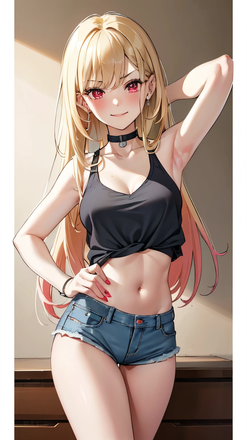 masterpiece, highres, solo, 8k, detailed, perfect face, (ultra high quality), looking viewers, collar bones, armpit, medium breast, cleavage, blonde hair, red eyes, belly, stomach, navel, crop tanktop, denim short, mini short, slim body, smile, blush, thigh