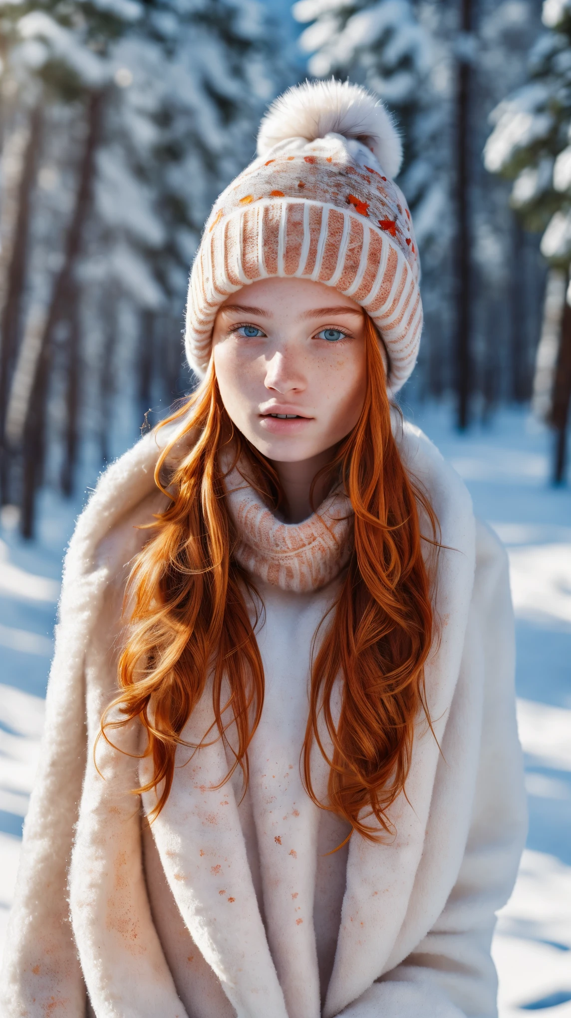 (masterpiece:1.2, best quality:1.2, RAW, DSLR photography, cinematic lighting, rim light), highly detailed skin, 1girl, russian girl, (freckles skin:1.3), wearing winter clothes, beannie hat, close-up shot, facial focus, face and breast, against blurry bokeh snow field, trees, sunlight, sunray)