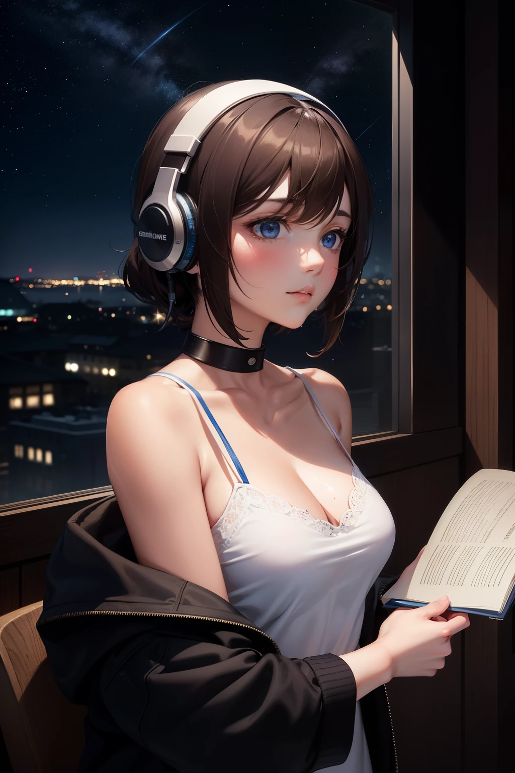 Top quality masterpiece, showcasing the realistic (1.2) profile of a girl with short brown hair and captivating blue eyes. She is dressed in casual attire, wearing headphones around her neck and holding a pen in her hand. The scene takes place in a dimly lit, cozy darkroom with a peek-a-boo window. The girl's detailed face and beautiful, expressive eyes capture the viewer's attention as she gazes up at the starry sky, lost in thought. The starry sky is rendered in stunning detail, resembling a beautiful, intricate painting. The image is captured in high resolution with delicate textures and sharp focus, leaving no imperfections