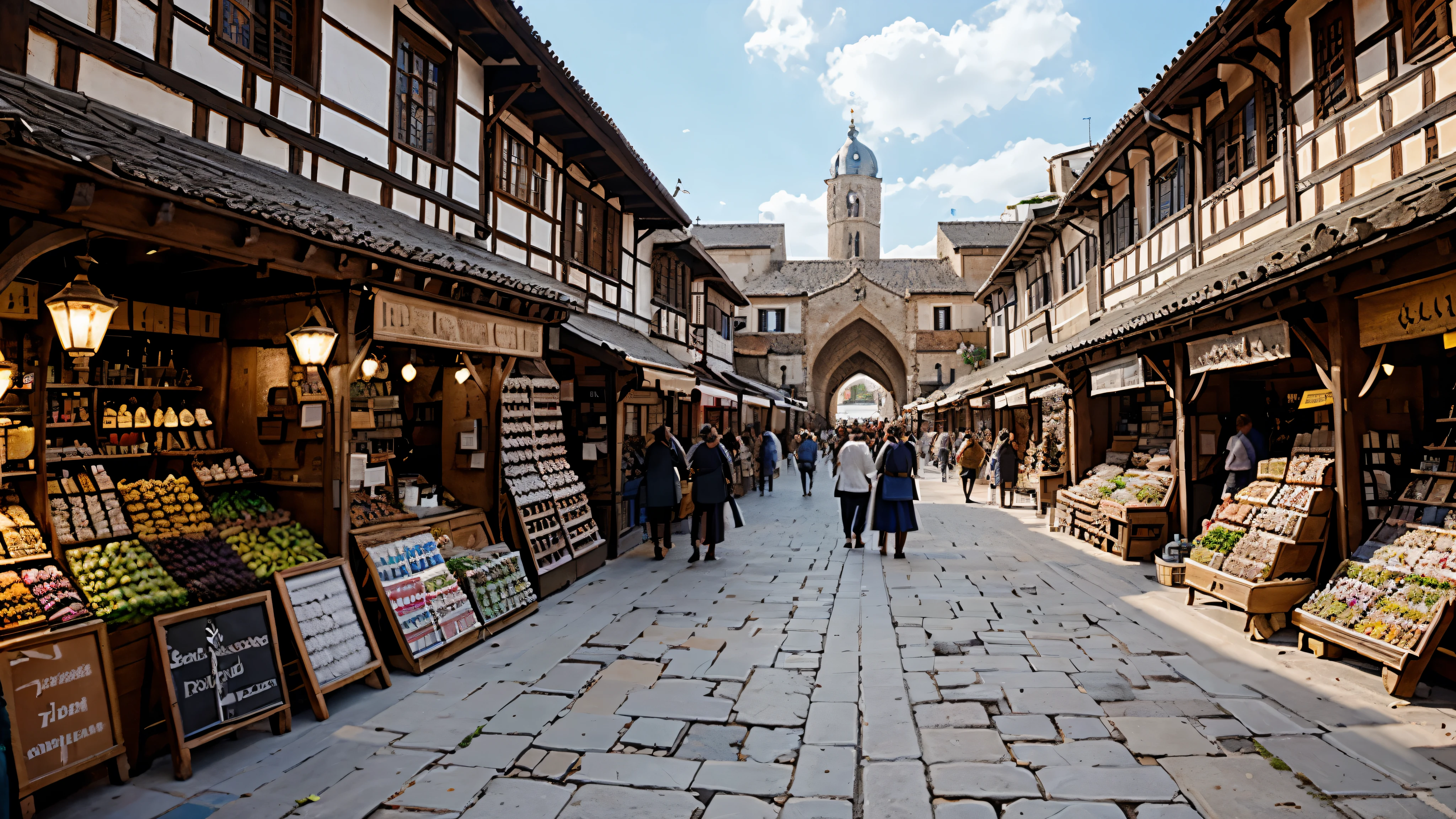 A bustling marketplace in a medieval city, filled with merchants, artisans, and exotic goods from distant lands.