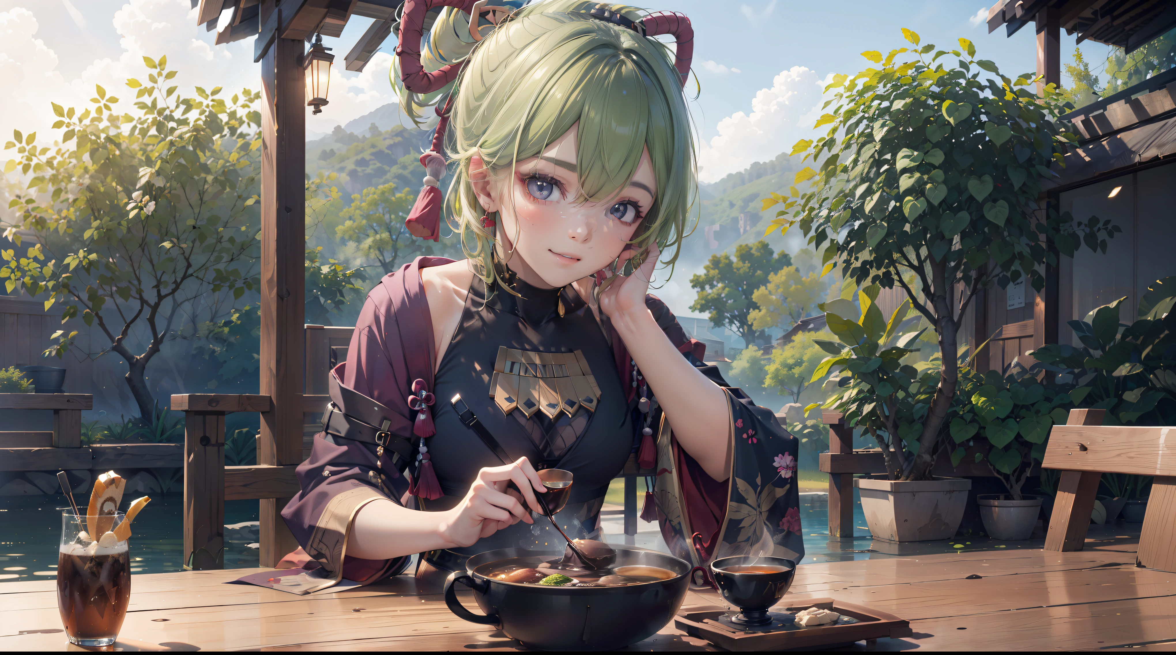 (best quality,8k,height,Masterpiece:1.2),(realistic,photorealistic,photo-realistic:1.37), Classic maid outfit, Traditional Japanese Bakery,Beautifully detailed eyes,happiness,glowing eyes,smile,บรรยากาศquiet,Traditional Japanese clothing,work(best quality,Full range,advert:1.2),bright and warm,Sweet and sleepy,happinessบริบูรณ์,รอยsmileสดใส,cherry tree,quiet,aroma,dreamlike,bright colors,delicate light,Traditional Japanese tea set,Lively atmosphere